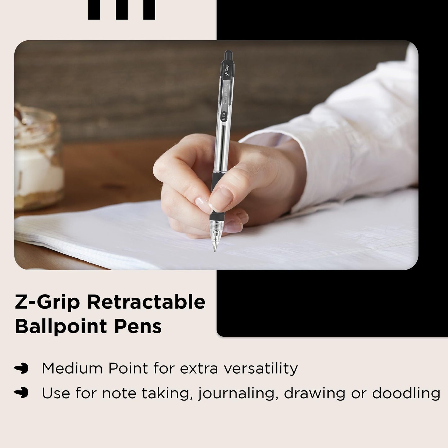 ZEBRA Z GRIP Black Ballpoint Pens, Retractable with smooth ink, comfortable grip and pocket clip