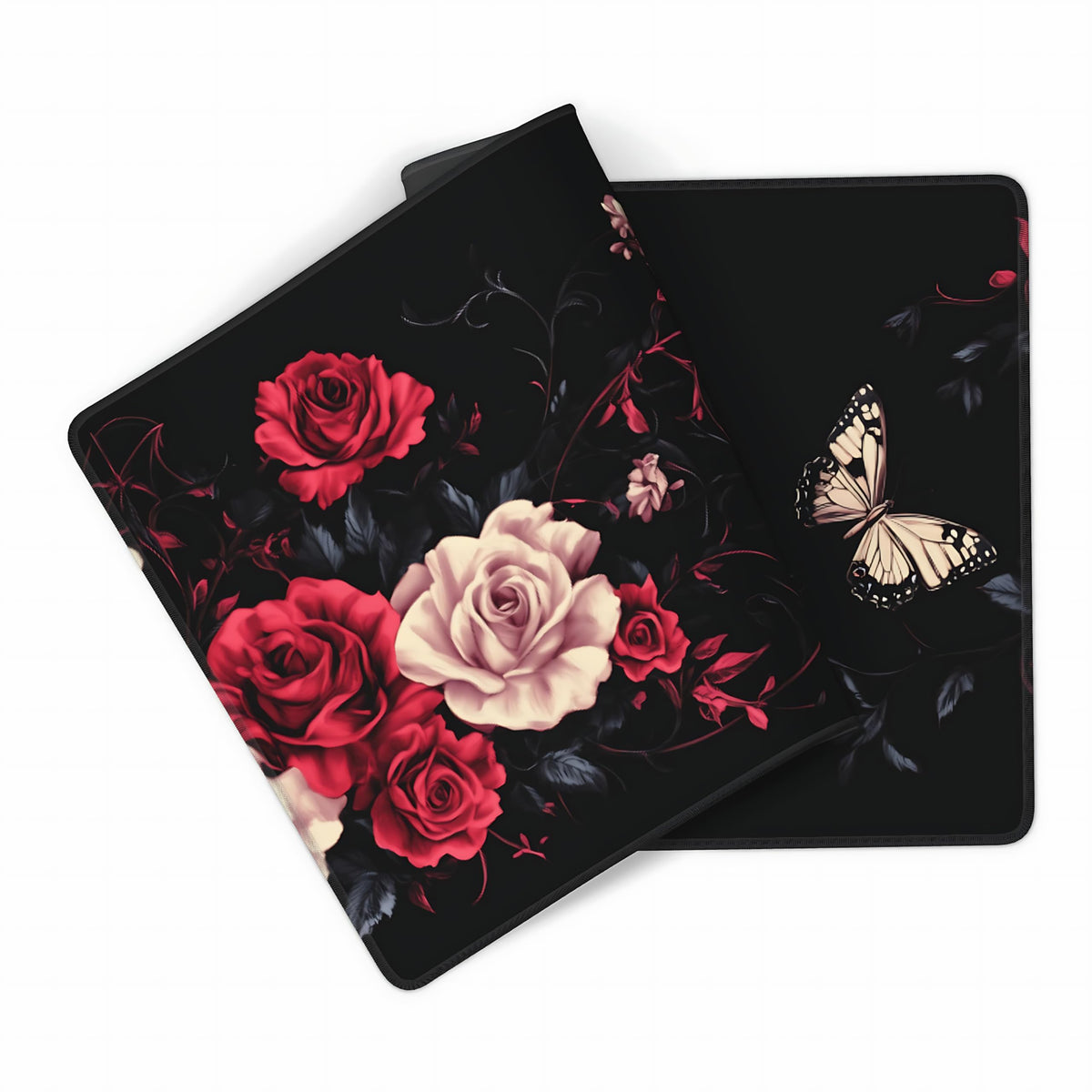 Floral Aesthetic Rose Gaming Mouse Pad, Black Red Gothic Desk Mat with Anti-Slip Base & Stitched