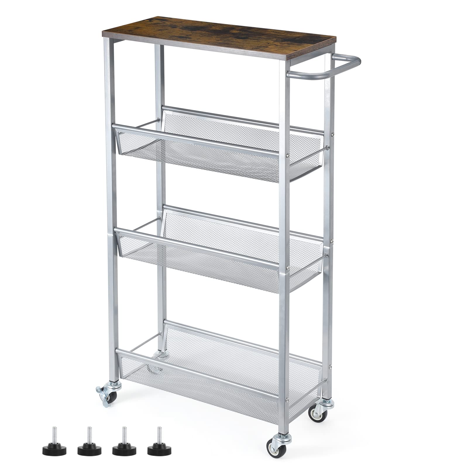 Slim Storage Cart, Metal Narrow Rolling Storage Cart for Kitchen, Silver