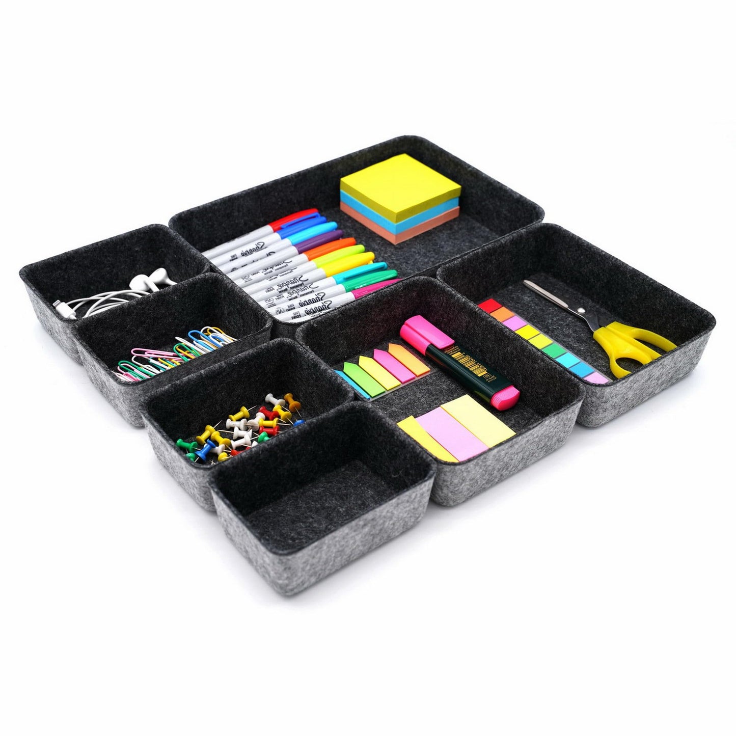 Welaxy 7pc Shallow Felt Desk Drawer Organizers Trays Charcoal Storage Bins