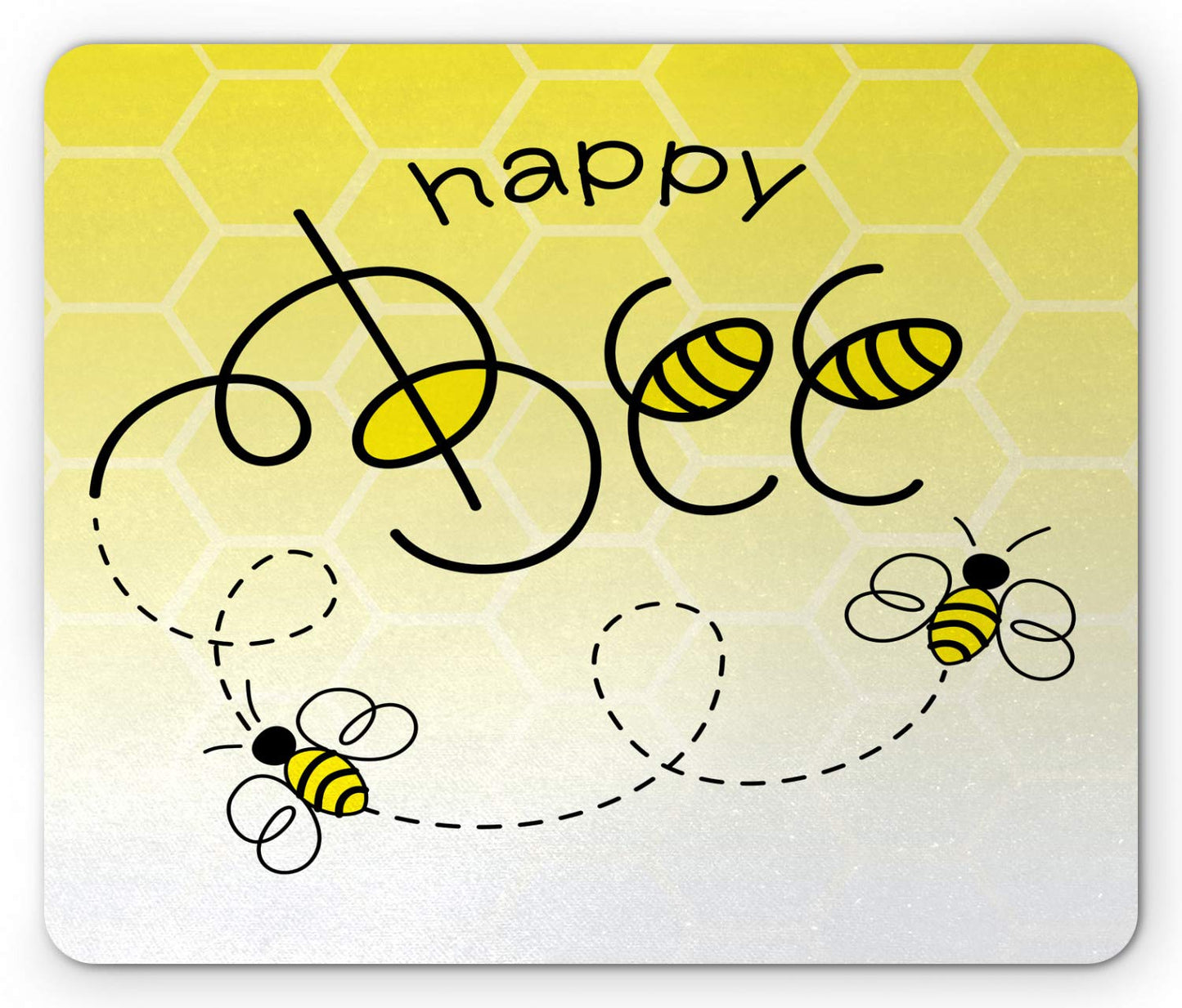Lunarable Honey Bee Mouse Pad, Happy Bee Calligraphy and Flying Insects on Ombre Comb Pattern