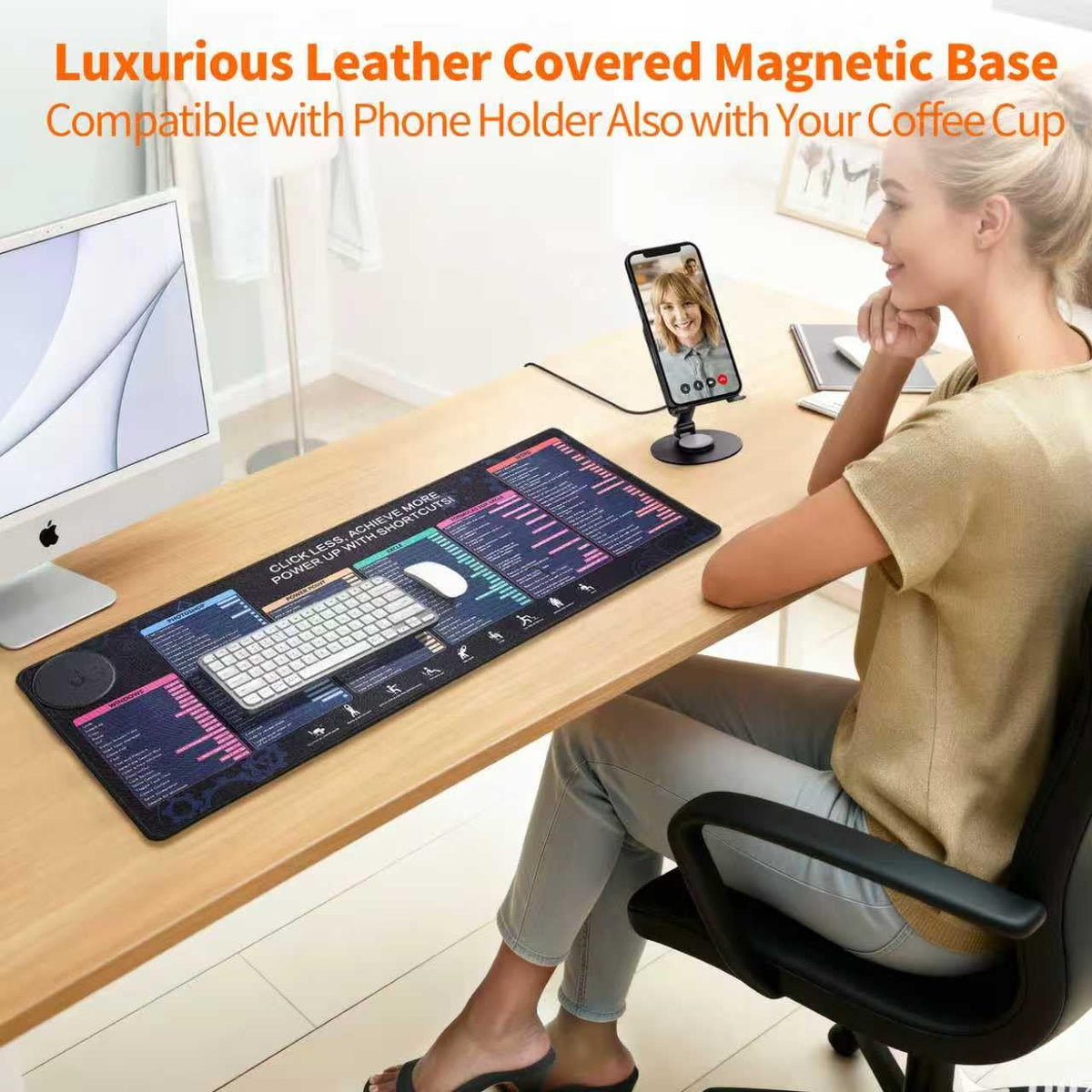 Office Pro Shortcuts Mouse Pad with Magnetic Wireless Charger & Holder Large Desk Mat with Keyboard