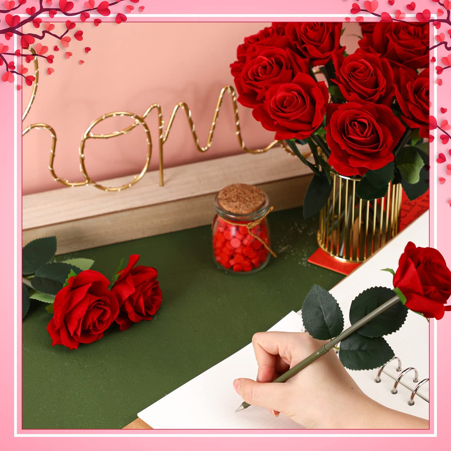 Yexiya 16 Pcs Rose Flower Pens Red Artificial Ballpoint Wedding Party