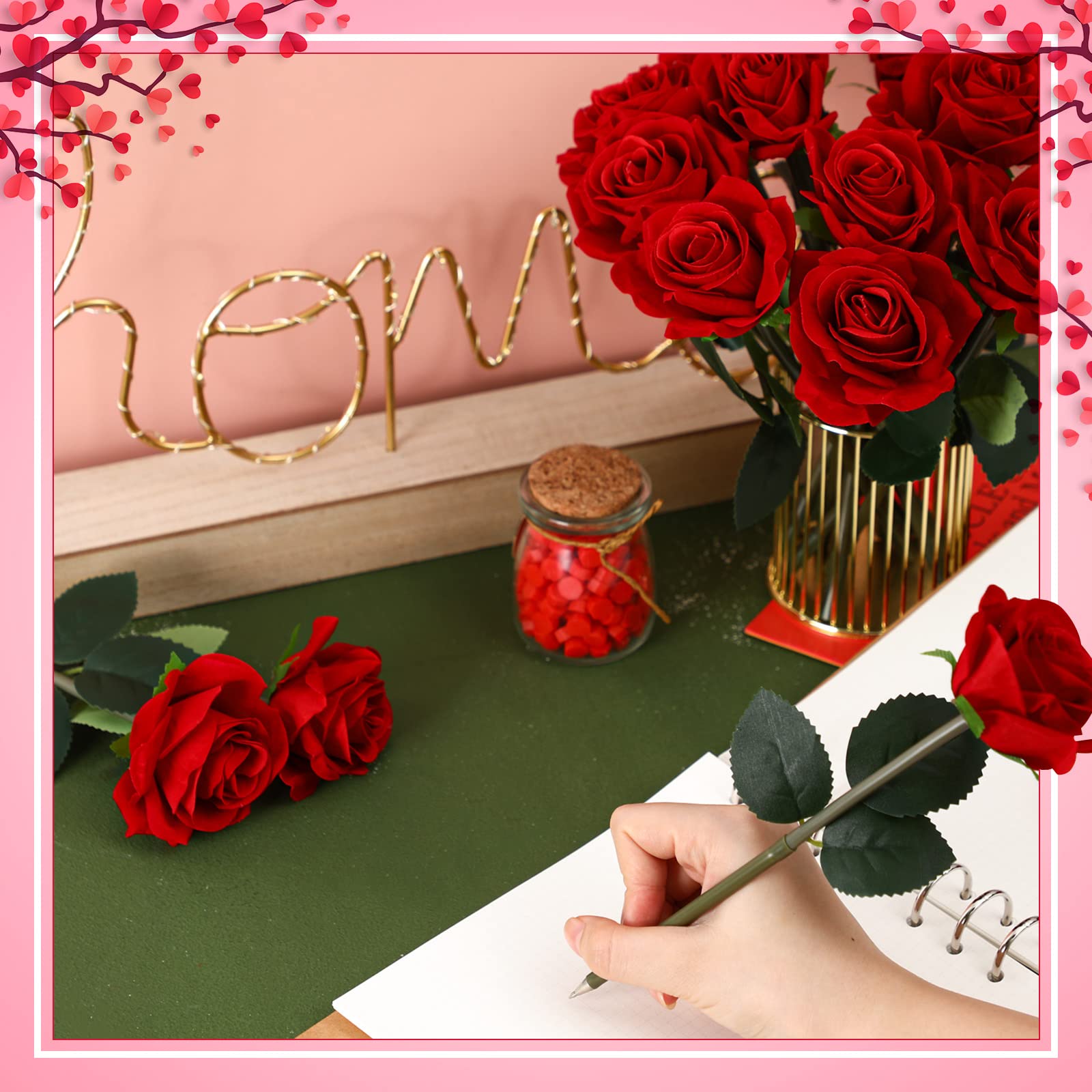 Yexiya 16 Pcs Rose Flower Pens Red Artificial Ballpoint Wedding Party