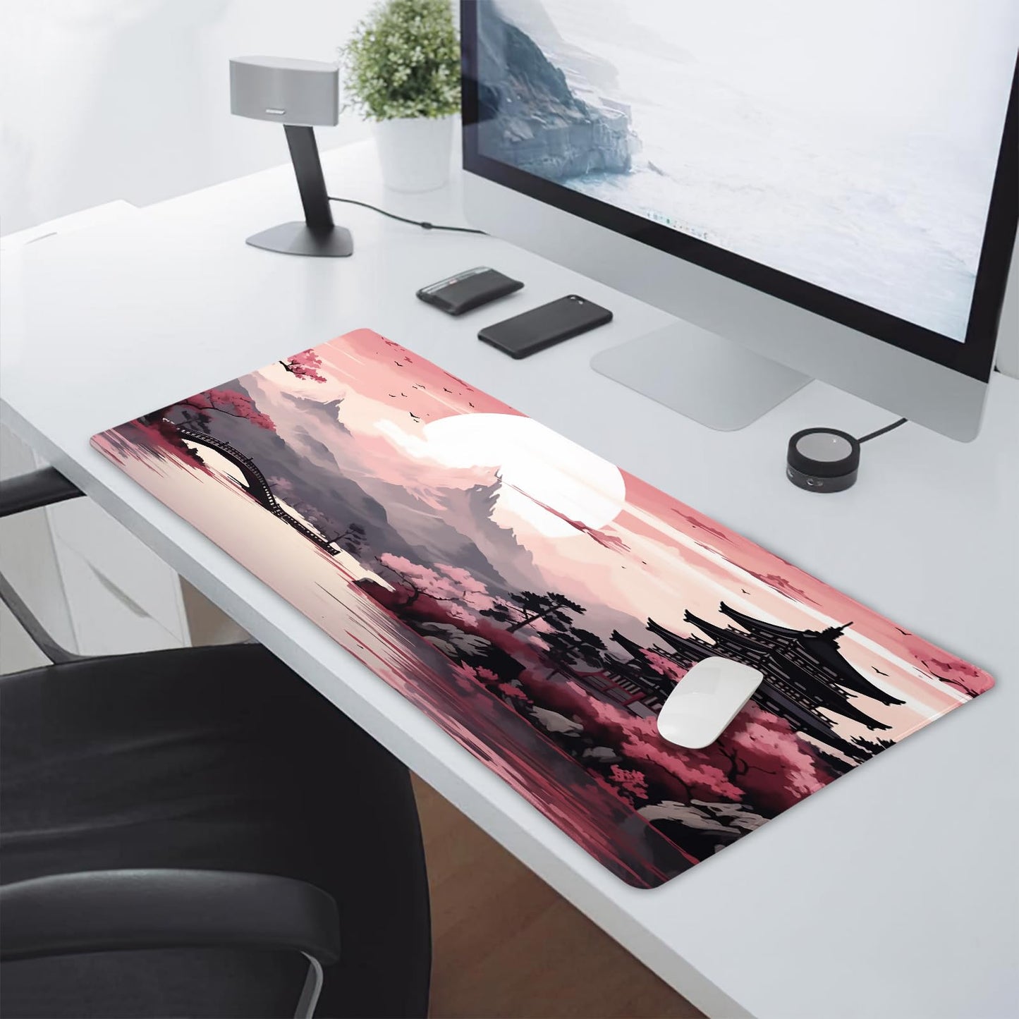 Pink Japanese Sakura Gaming Mouse Pad Large XL Cherry Blossom Tower Mountain Landscape Extended
