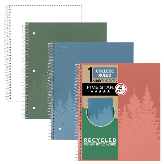 Five Star Spiral Notebook + Study App, 4 Pack, 1 Subject, Recycled College Ruled Paper, 8-1/2" x