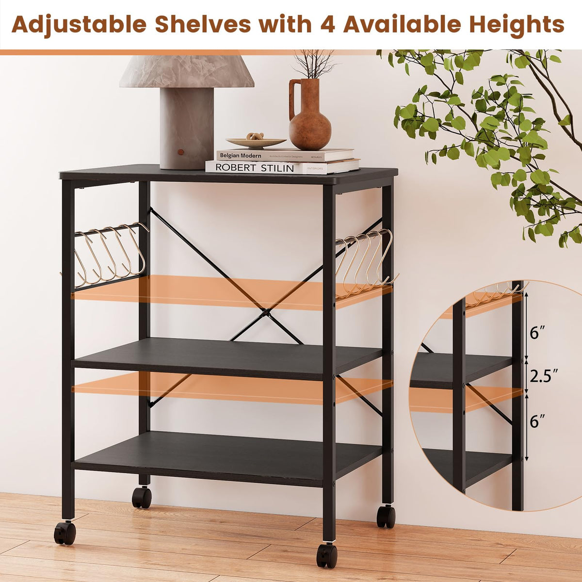GIANTEX Kitchen Bakers Rack 3-Tier Microwave Cart on Wheels, Industrial Utility Bar Cart with 10