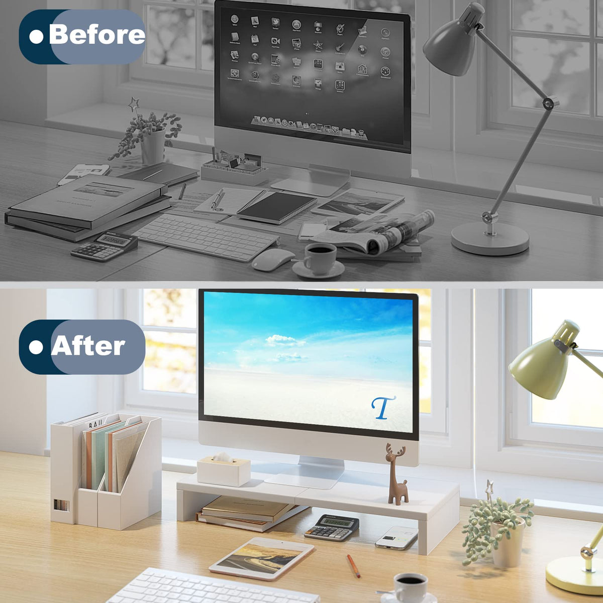 TEAMIX 20 inch White Monitor Stand Riser, Wood Desktop Computer Stand