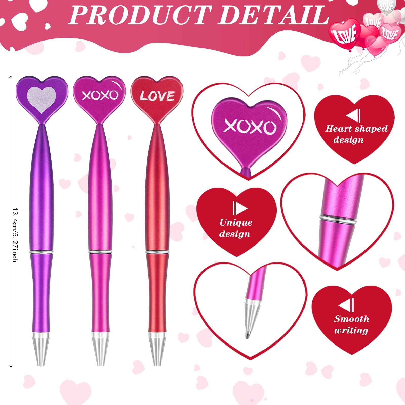 Jeyiour 96 Pcs Valentines Day Heart Shaped Pens Bulk 1 mm Rollerball Black Gel Ink Pretty Novelty