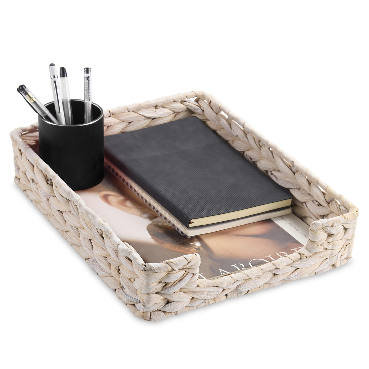 PINXIURY Water Hyacinth Letter Tray for A4 File Desk Mail Letter-Size Paper, Basket Woven