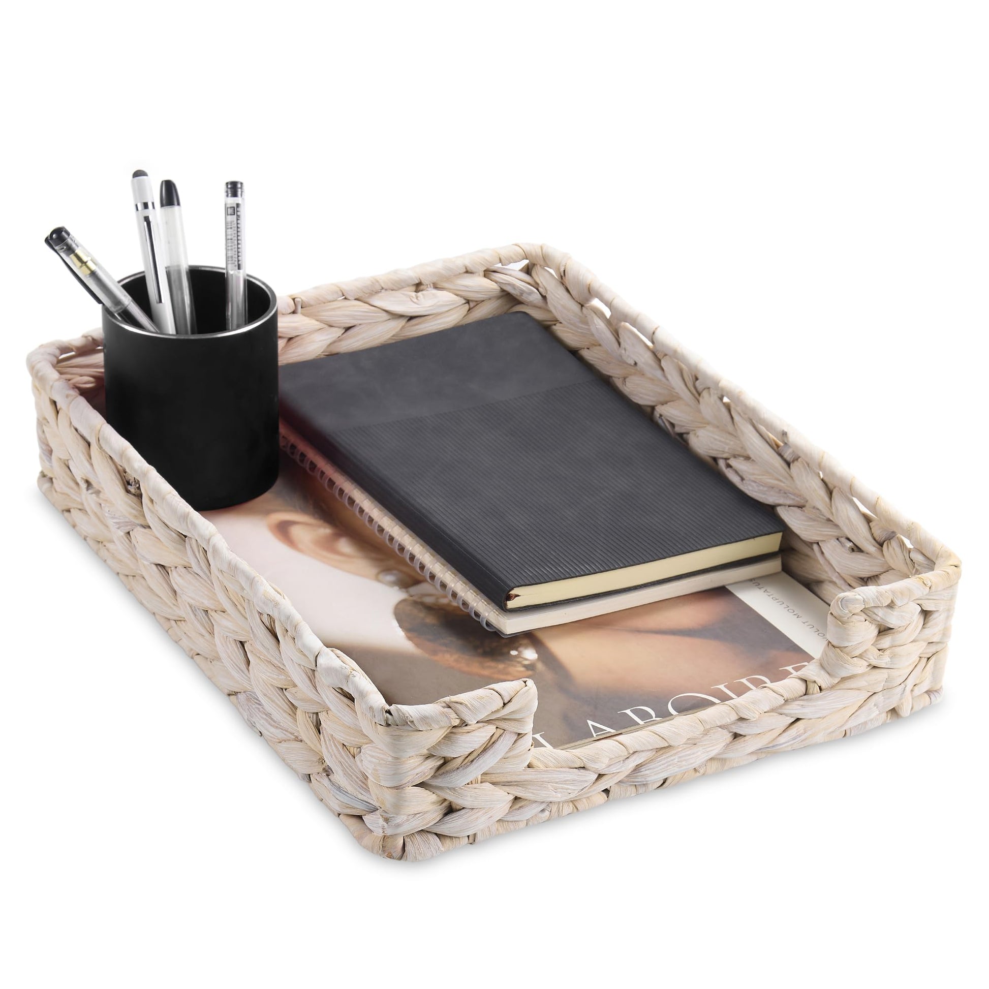 PINXIURY Water Hyacinth Letter Tray for A4 File Desk Mail Letter-Size Paper, Basket Woven