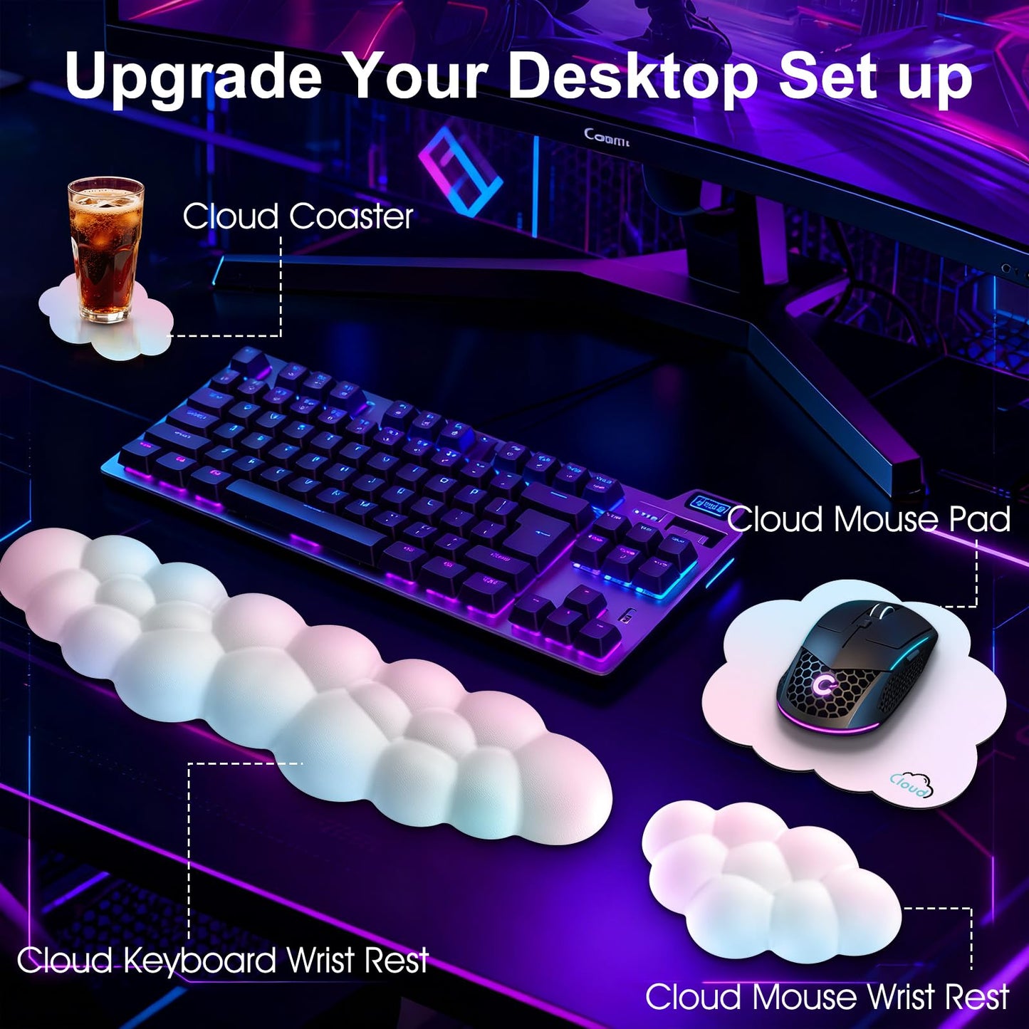 Sushret Cloud Wrist Rest for Computer Keyboard and Mouse Pad Set, Rainbow