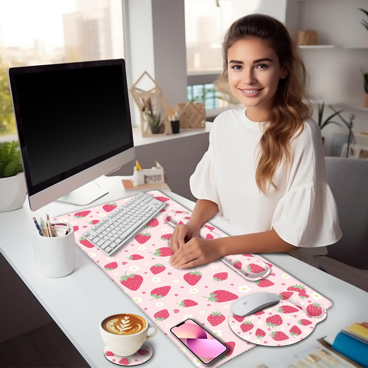 LIMKRIAN Strawberry Mouse Pad Large Desk Mat Set, Pink Ergonomic Mouse Pad