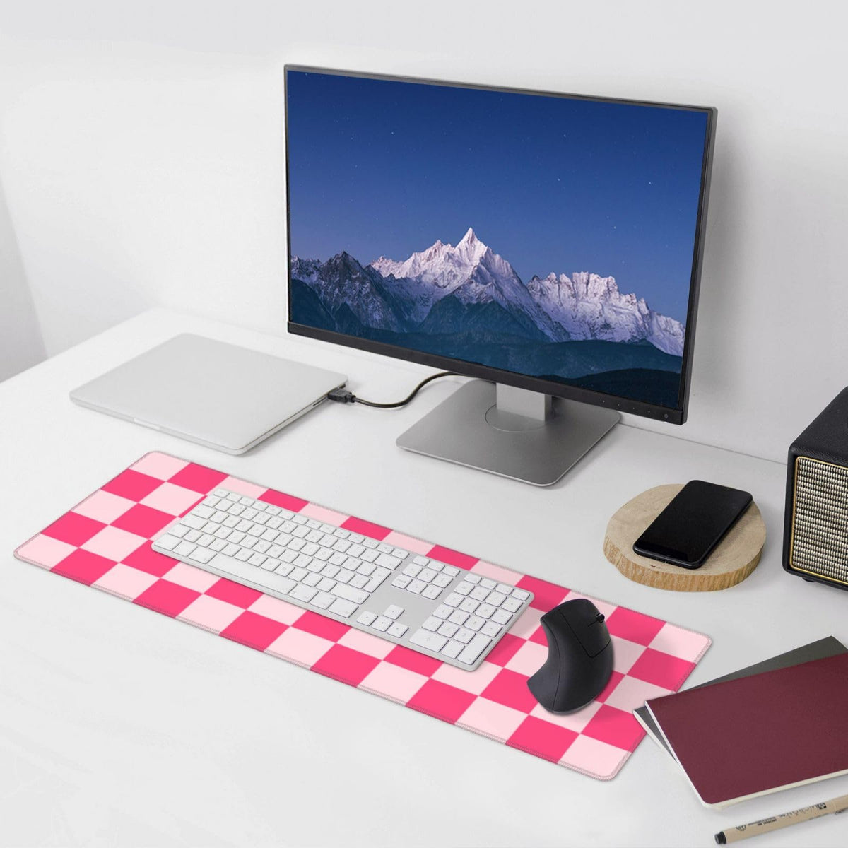 Giinly Pink Checkered Cute Gaming Mouse Pad, XXL Large Desk Keyboard Mat