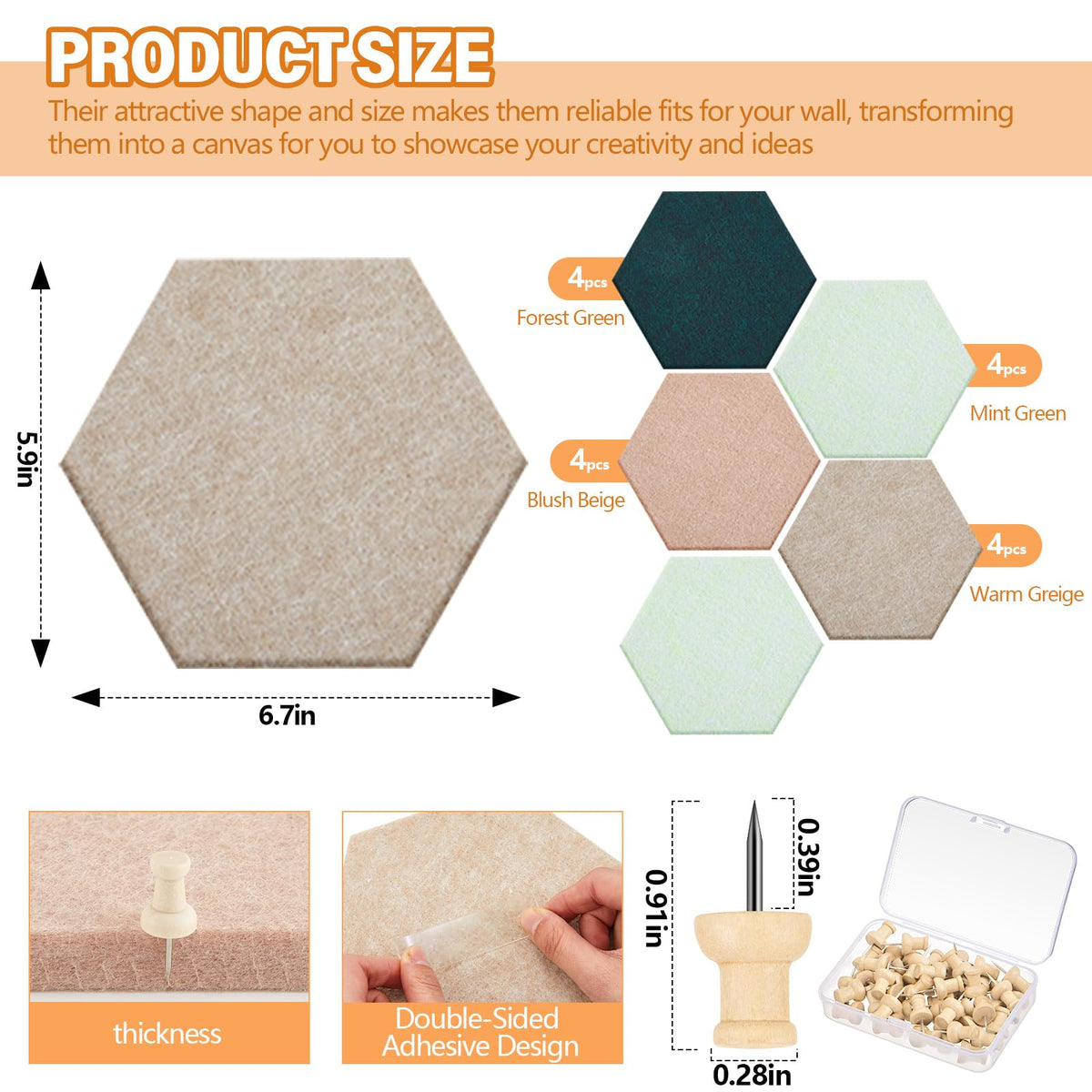 6.7 x 5.9 in 16 Pcs Hexagon Cork Board Tiles, Felt Pin Boards, Green