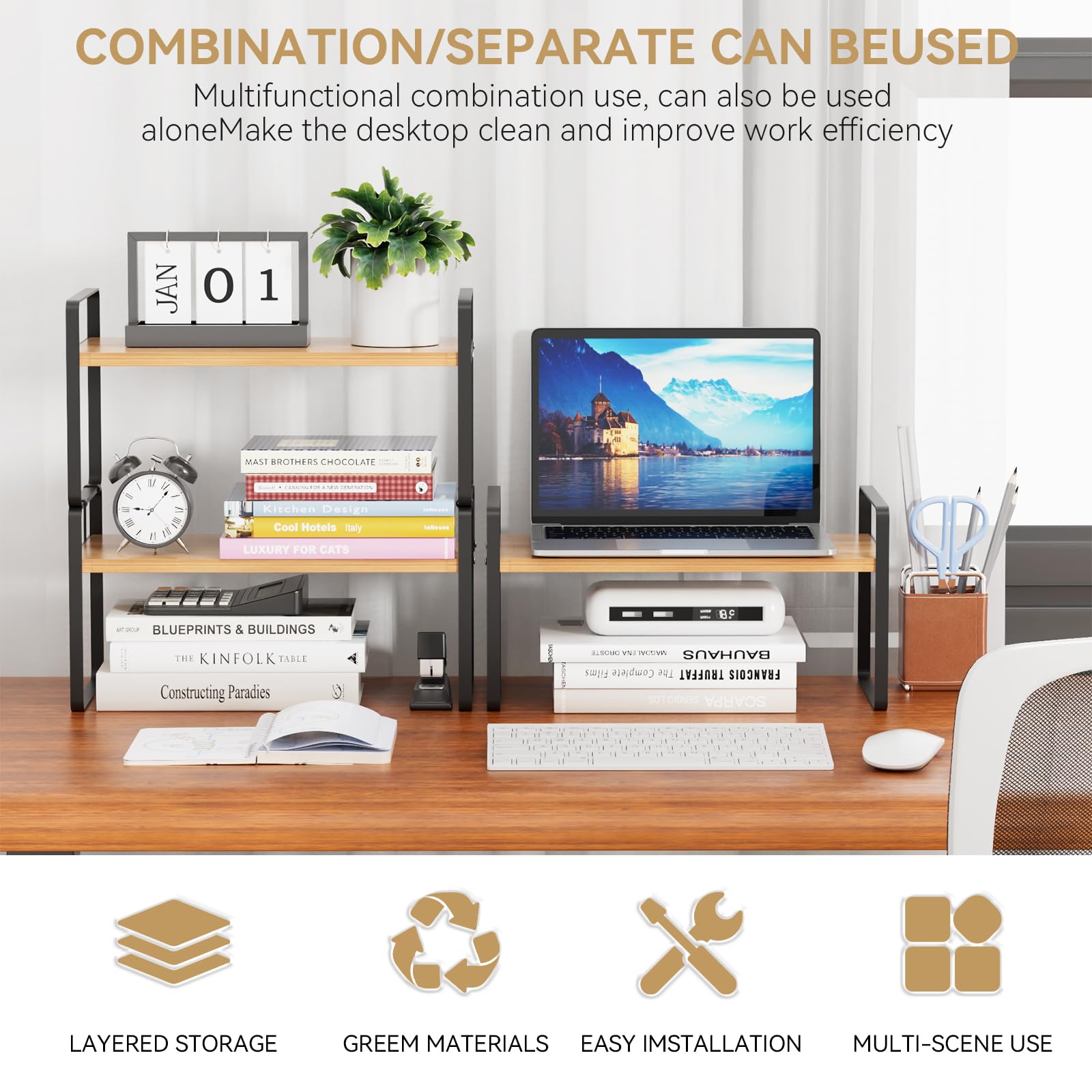 YGYQZ Desk Shelf Organizer, 2-Tier Desktop Bookshelf, Black & Wood