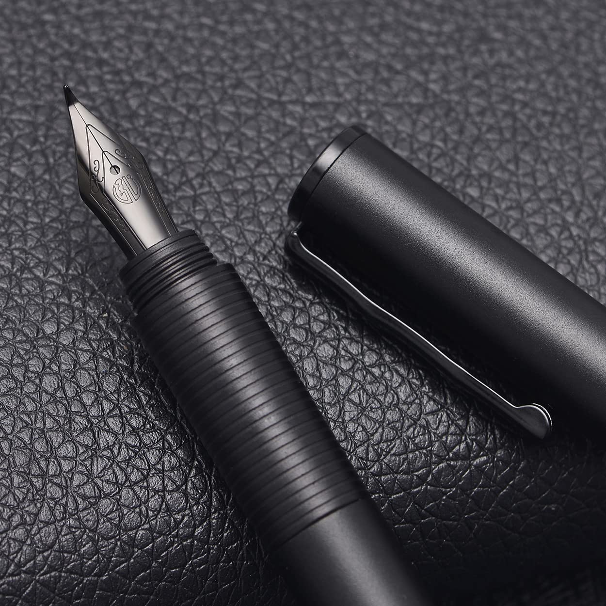 Hongdian H3 Fountain Pen Titanium Black Bent Nib with Bamboo Pen Clip, Black Aluminum Alloy Writing