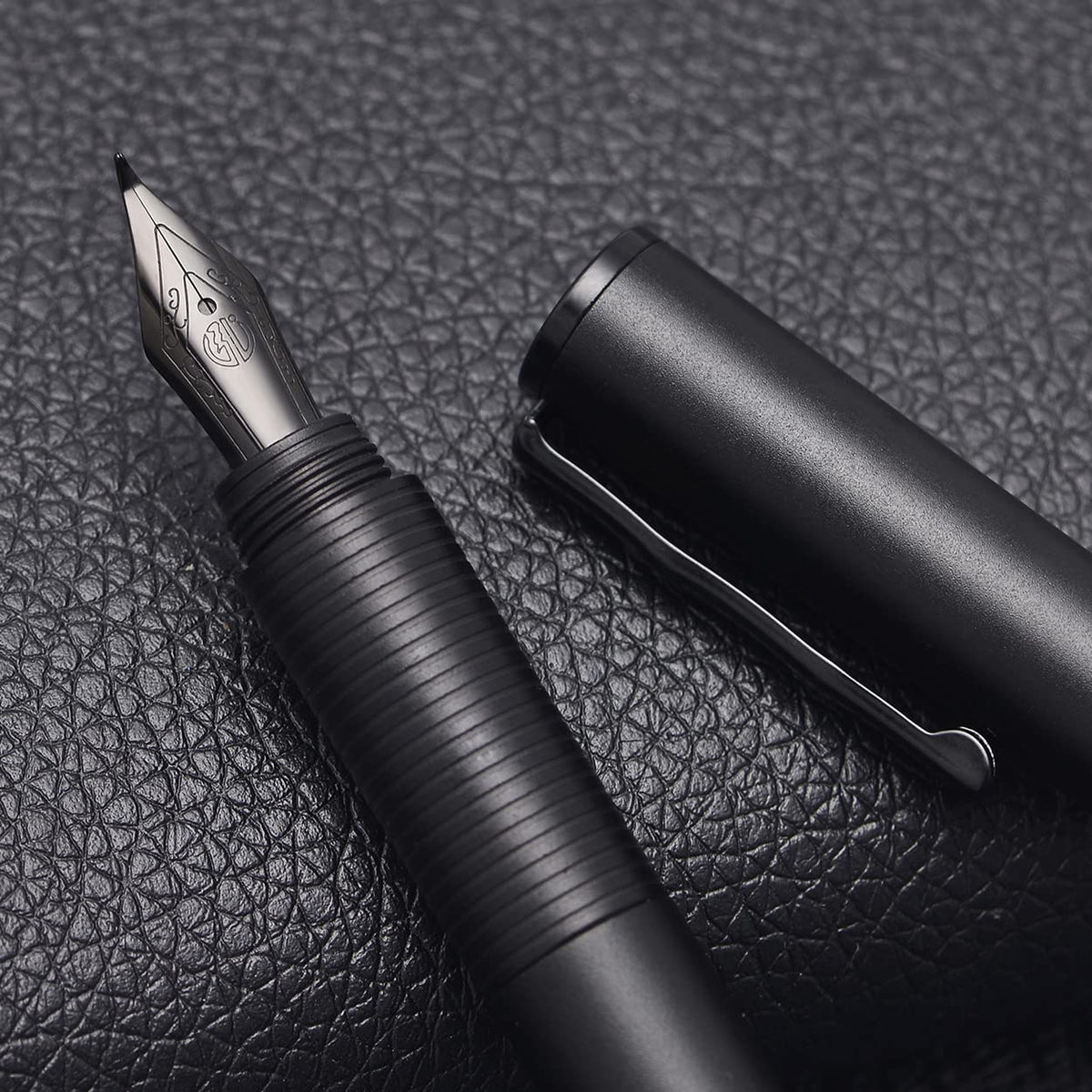 Hongdian H3 Fountain Pen Titanium Black Bent Nib with Bamboo Pen Clip, Black Aluminum Alloy Writing