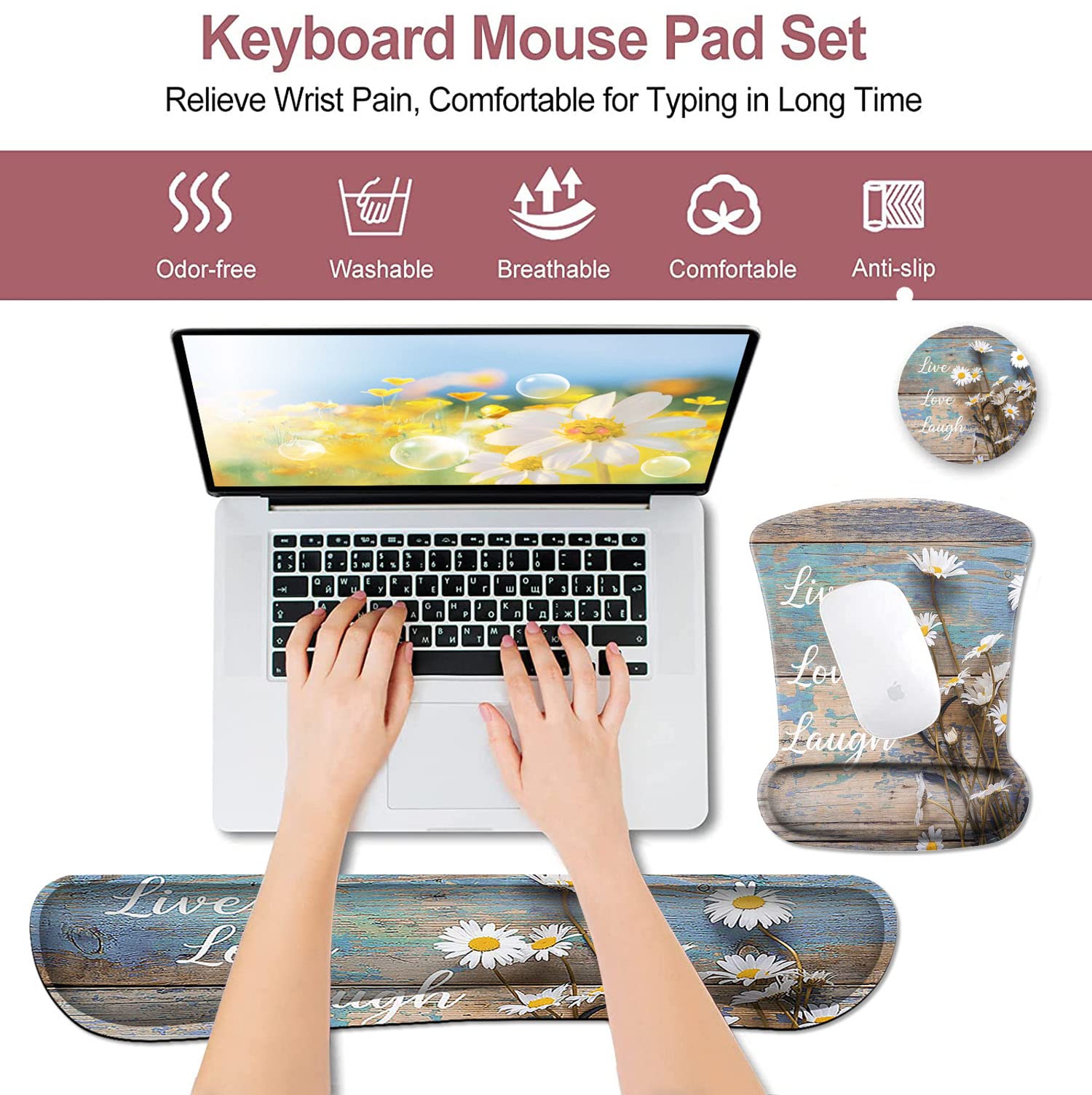 Mouse Pad for Women, Keyboard Wrist Rest Relieves Fatigue，White Daisy Flowers on Wooden ，Ergonomic