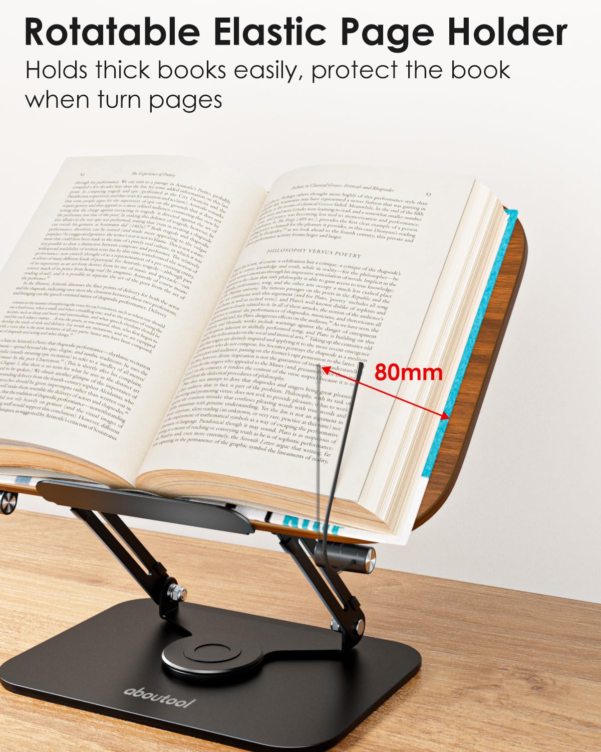 Book Stand for Reading, Aboutool Adjustable Book Holder with 360° Swivel Base & Page Clips