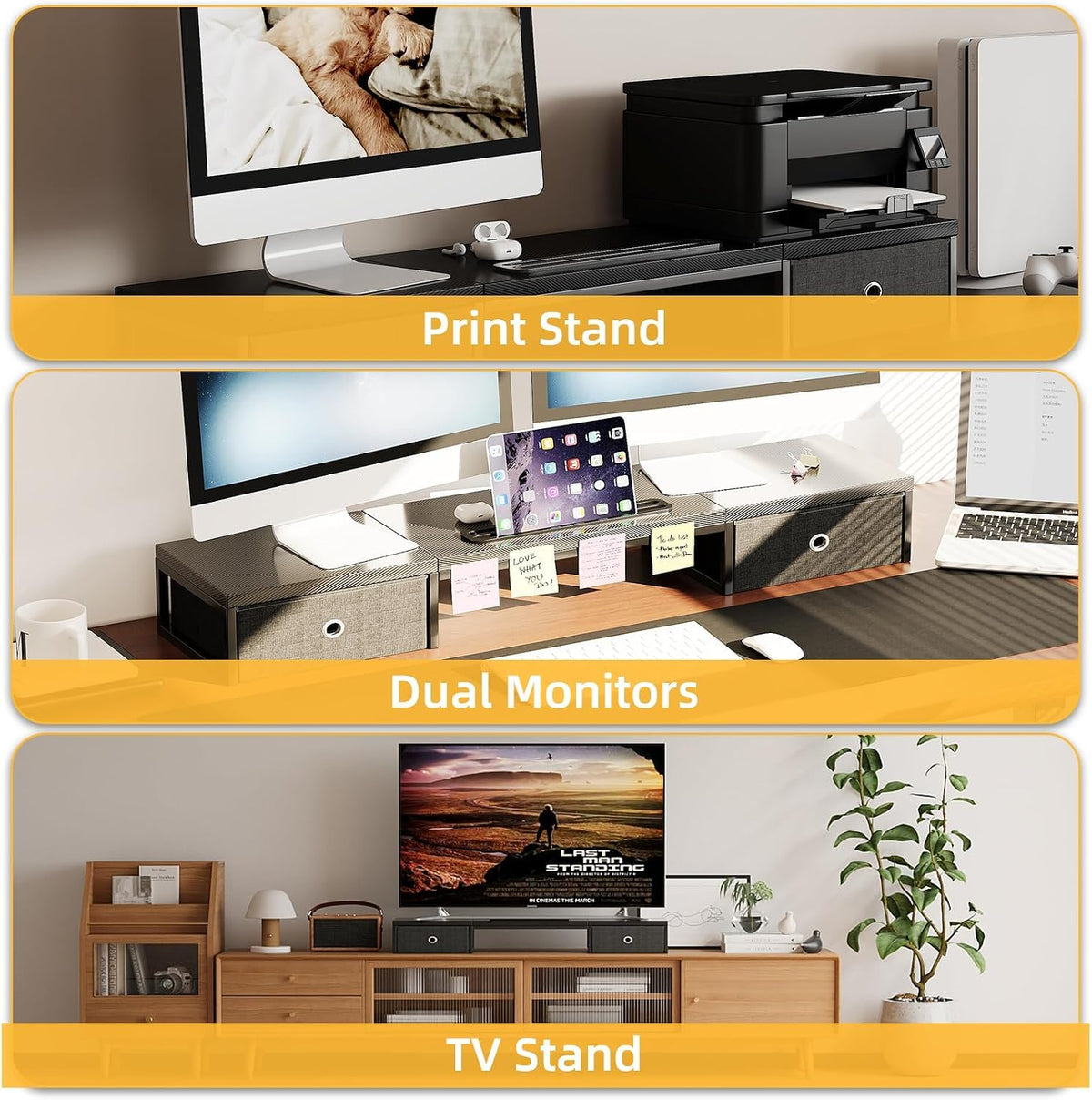Mexin 39" Dual Monitor Stand Riser with 2 Storage Drawers, Carbon Fiber Computer Desk Organizer for