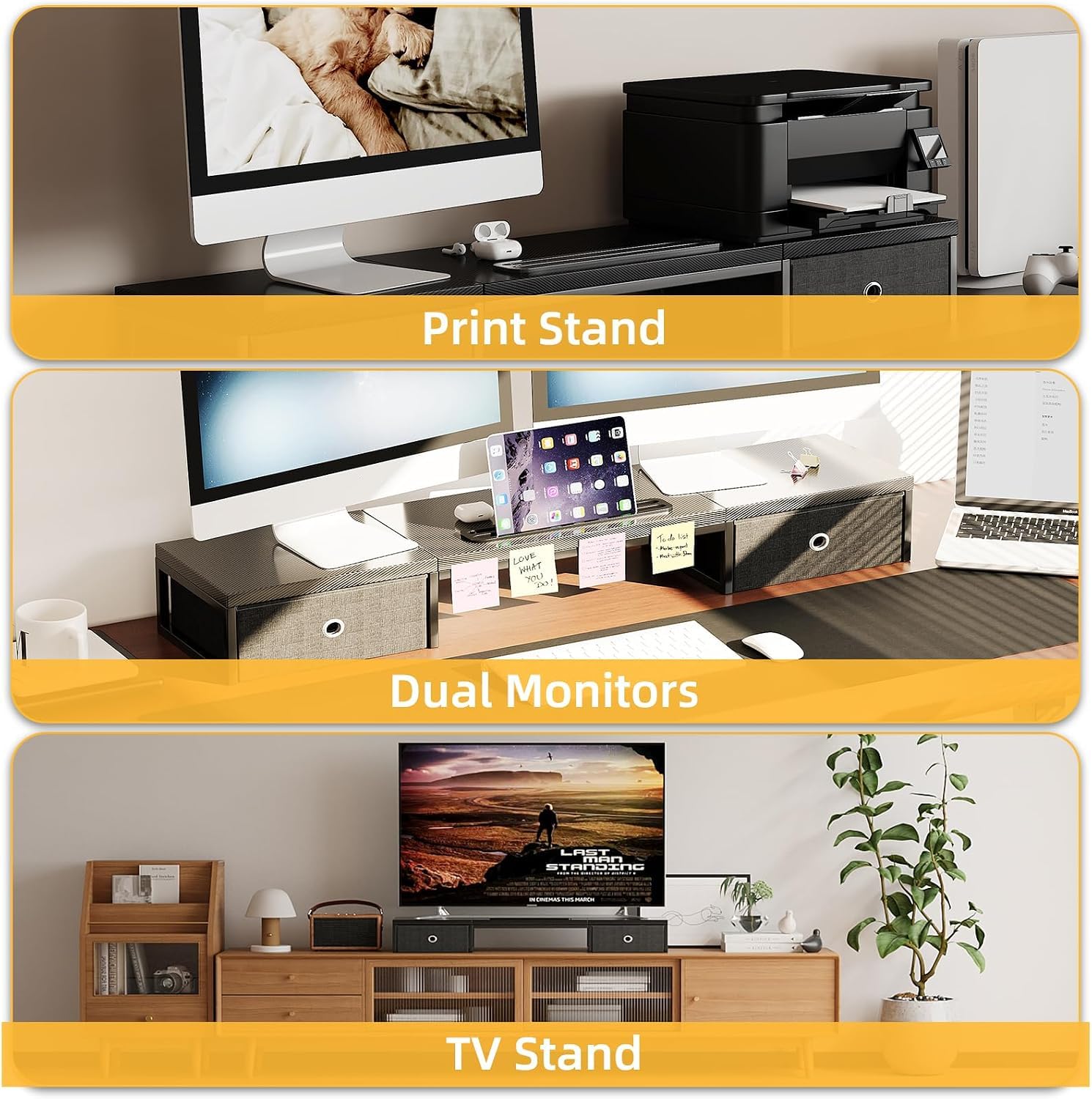 Mexin 39" Dual Monitor Stand Riser with 2 Storage Drawers, Carbon Fiber Computer Desk Organizer for
