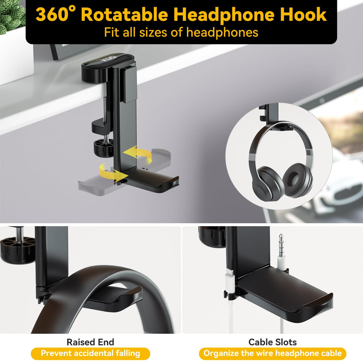 KDD 4 in 1 Desk Cup Holder - Clamp on Under Desk Headphone Hanger - Rotating Headphone Holder