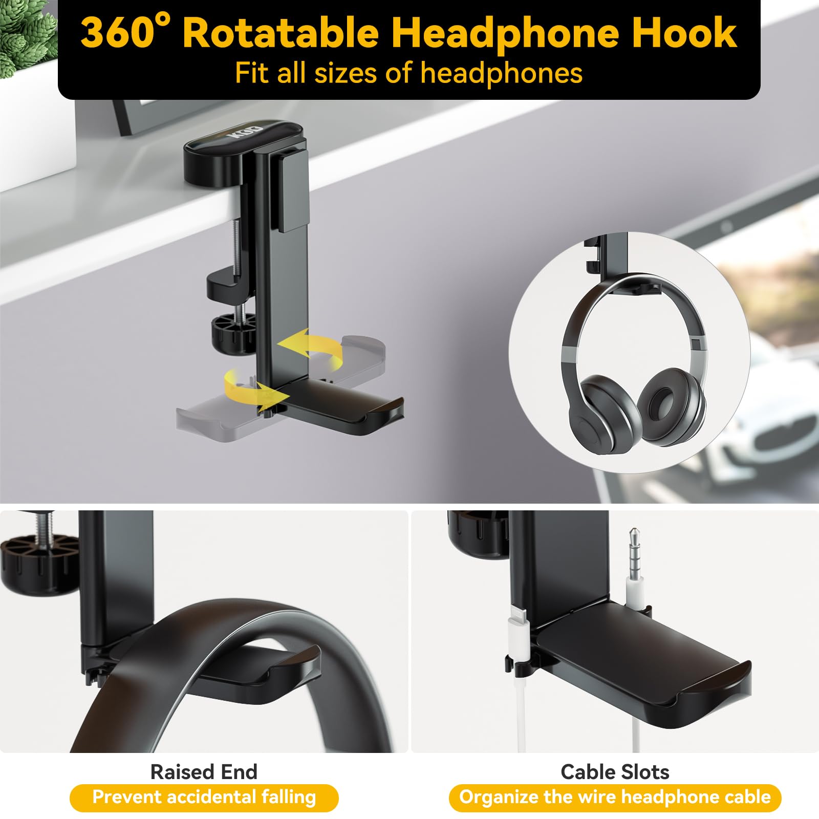 KDD 4 in 1 Desk Cup Holder - Clamp on Under Desk Headphone Hanger - Rotating Headphone Holder