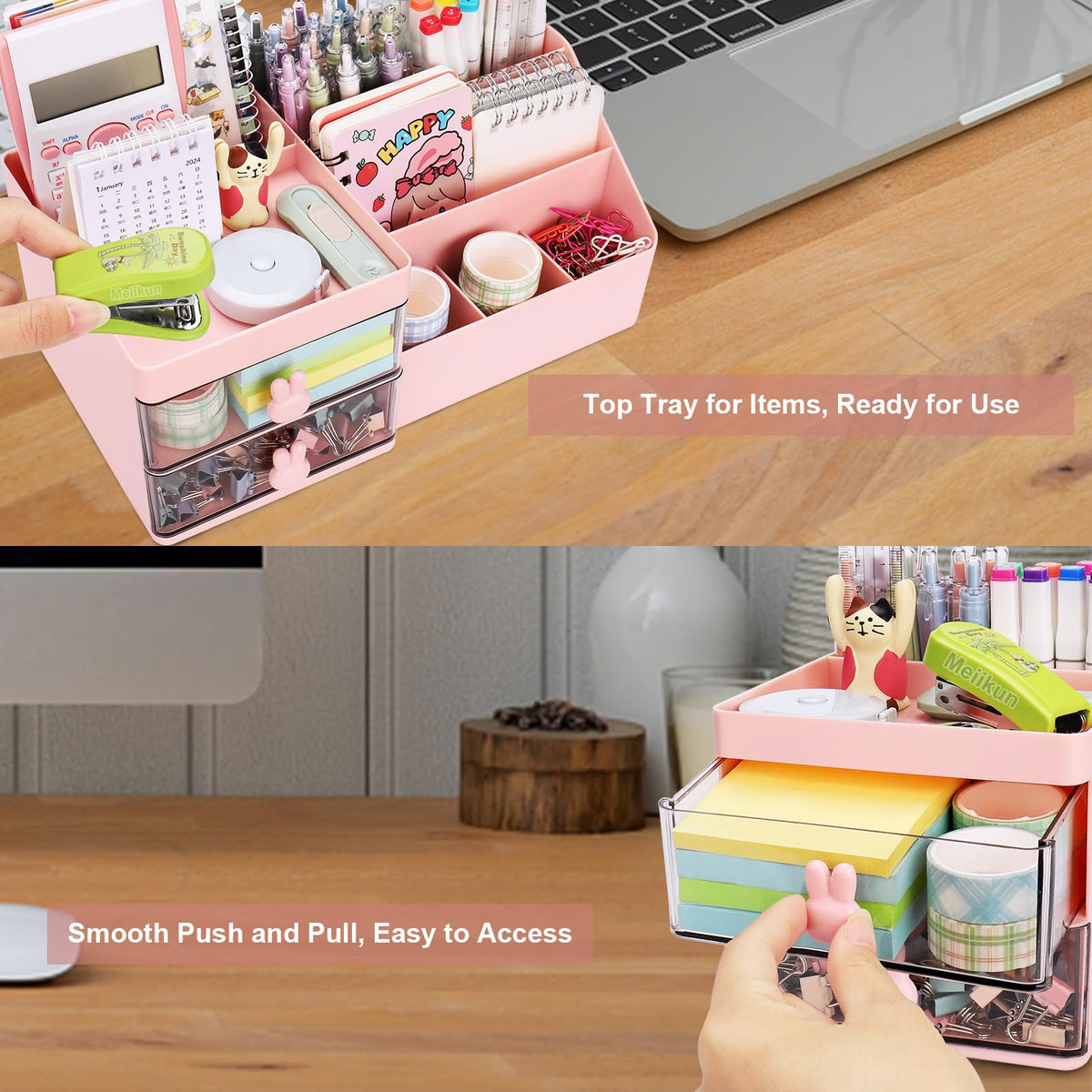 Meiikun Desk Organizer, Makeup Organizer with 2 Drawers, 7 Compartment & a Top Tray, Desktop
