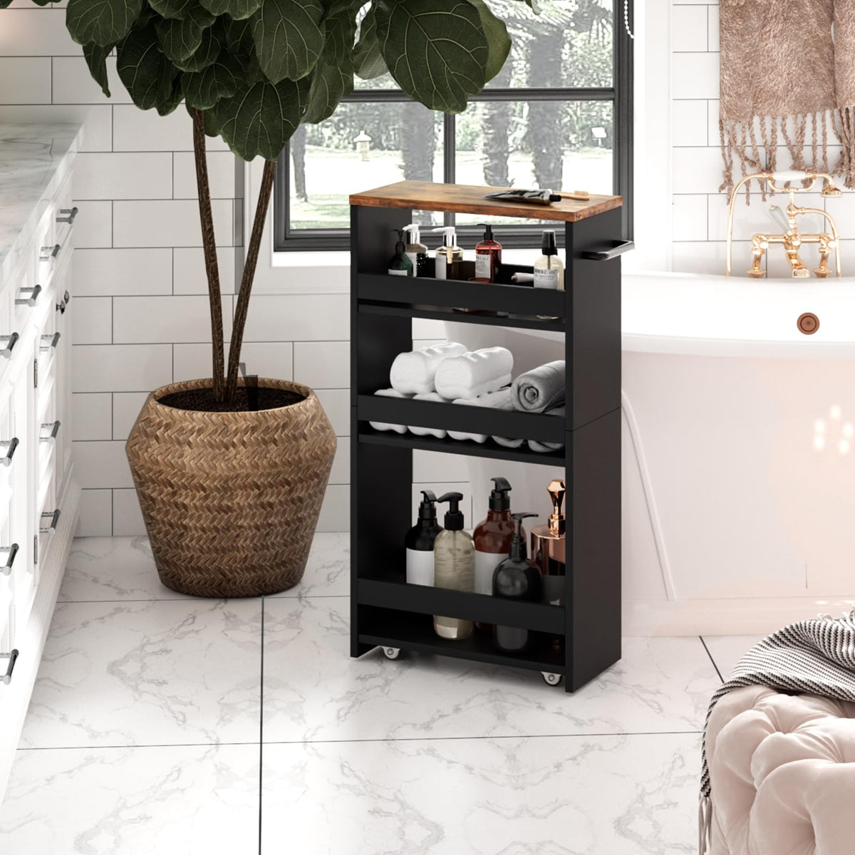 TEAMIX Slim Rolling Storage Cart, Wood 4-Tier Narrow Kitchen/Laundry Cart
