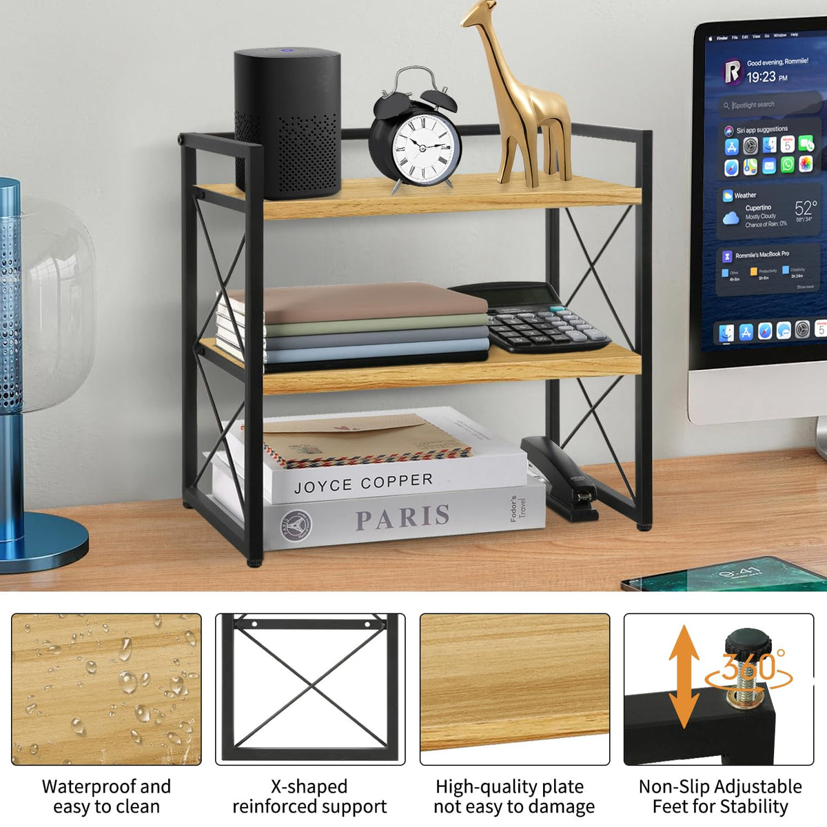 YINMIT Desktop Shelf Organizer, 2 Tier Office Shelves, Wood Desk Organizer Storage Rack and