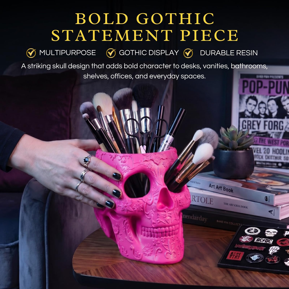 Skull Makeup Brush Holder, Pen Holder, Vanity, Desk, Office Organizer, Stationary, Decor Planter