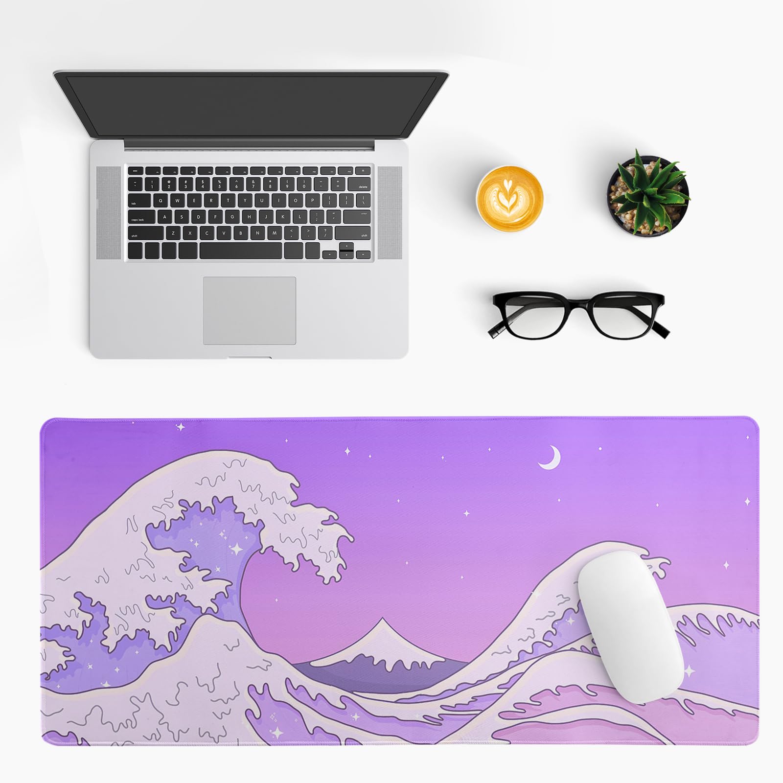 Purple Japanese Sea Wave Gaming Mouse Pad - Large Desk Mat with Non-Slip Base and Stitched Edge for