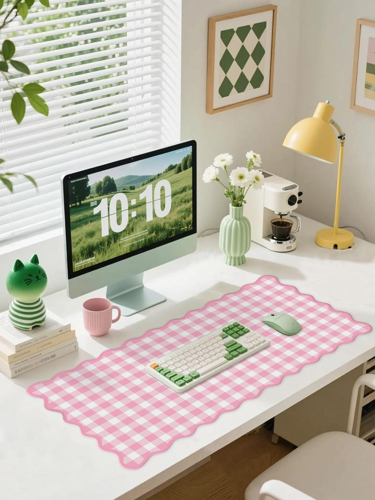 Scalloped‌ Pink Checkered Gingham Desk Mat Cute Pastel Large Mouse Pad Kawaii Cottagecore ‌Vintage‌