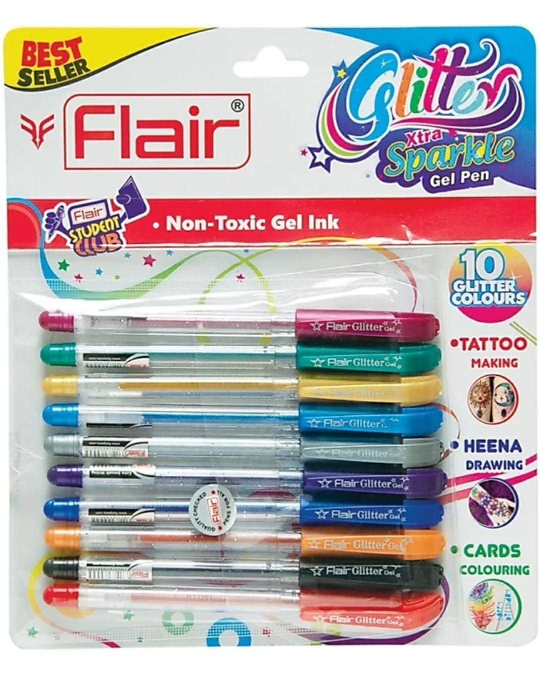 Aeiniwer Xtra Sparkle Glitter Gel 10 Colours Xtra Sparkle Gel Pen by Flair (Pack Of Five = 50 Pens)
