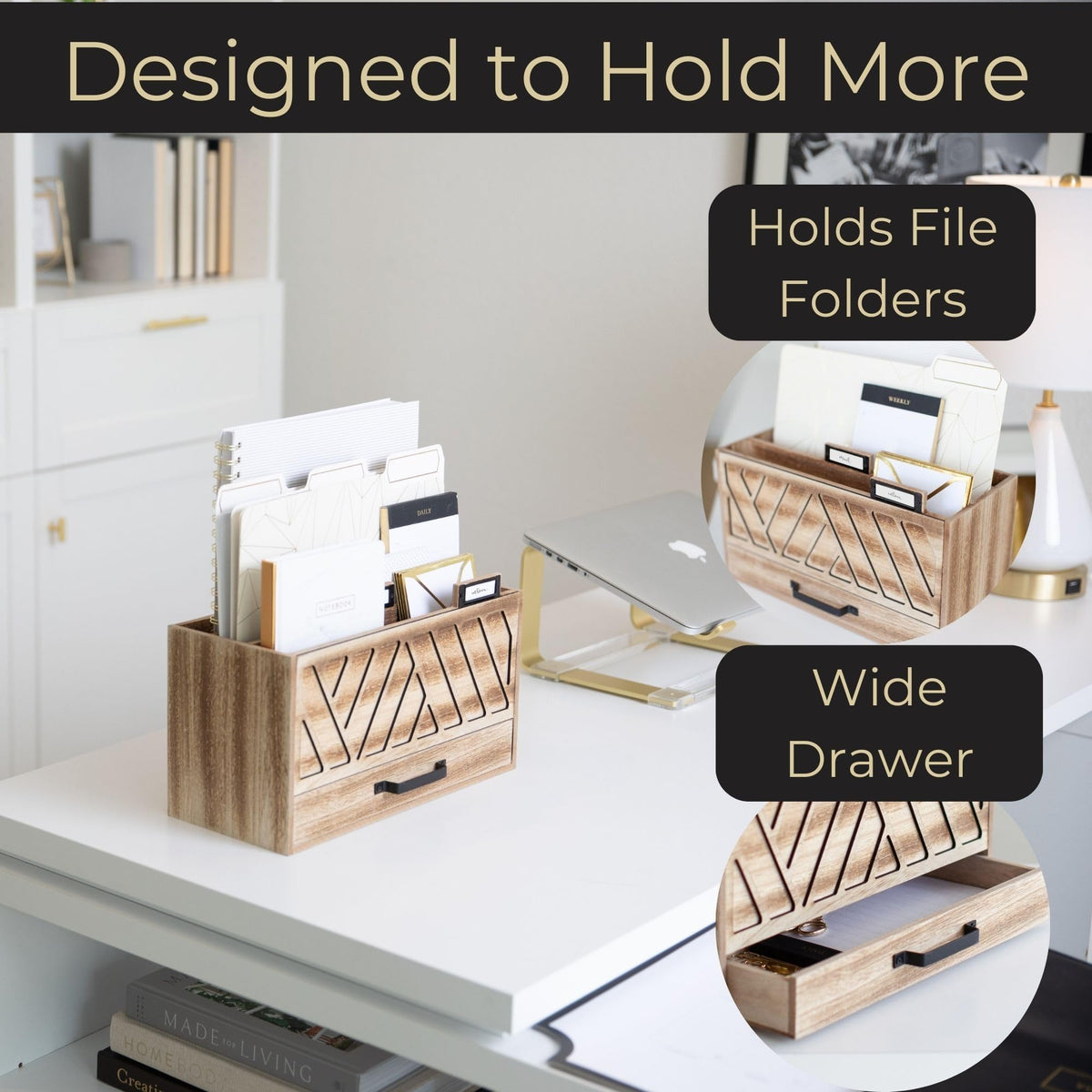 BLU MONACO | Natural Wood Desktop Mail Organizer with Drawer | Three-Tier Mail Sorter with Black