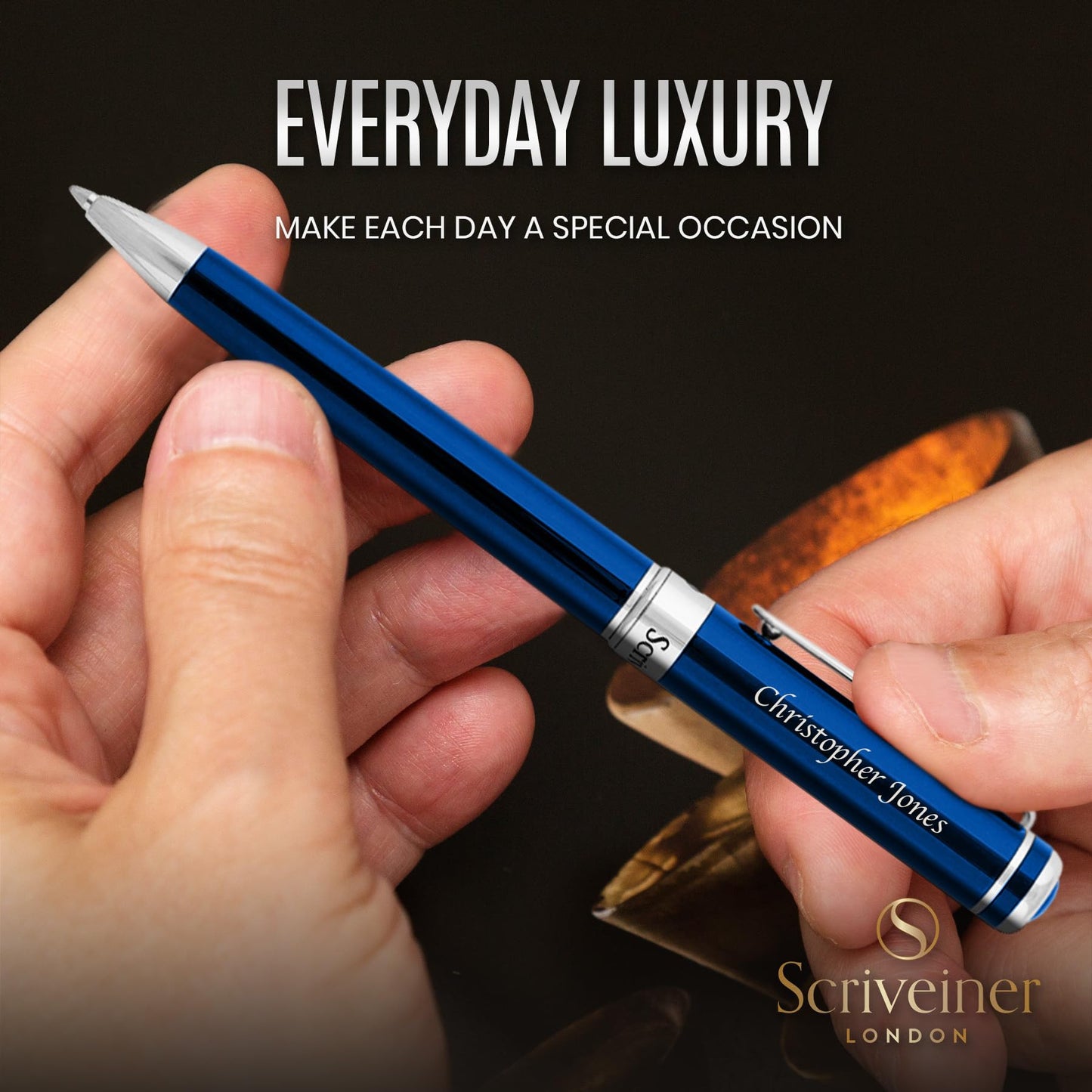 Scriveiner Personalized Midnight Blue Ballpoint Pen - Stunning Blue Lacquer Luxury Pen, Chrome
