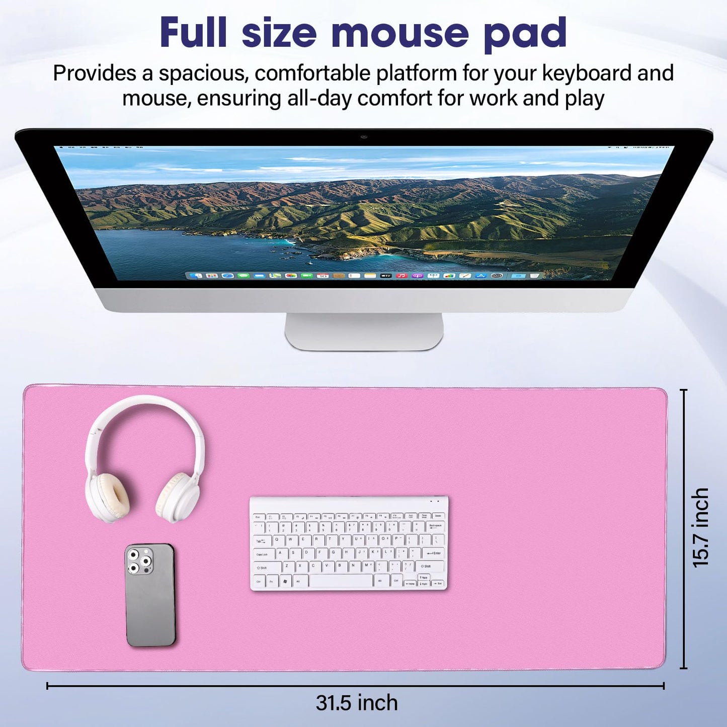 31.5" x 15.7" Waterproof Fabric Mouse Pad, Rubber Anti-Slip, Light Pink