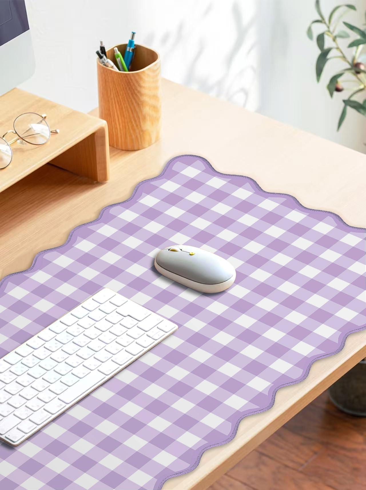 Scalloped‌ Purple Checkered Gingham Desk Mat Cute Pastel Large Mouse Pad Kawaii Cottagecore