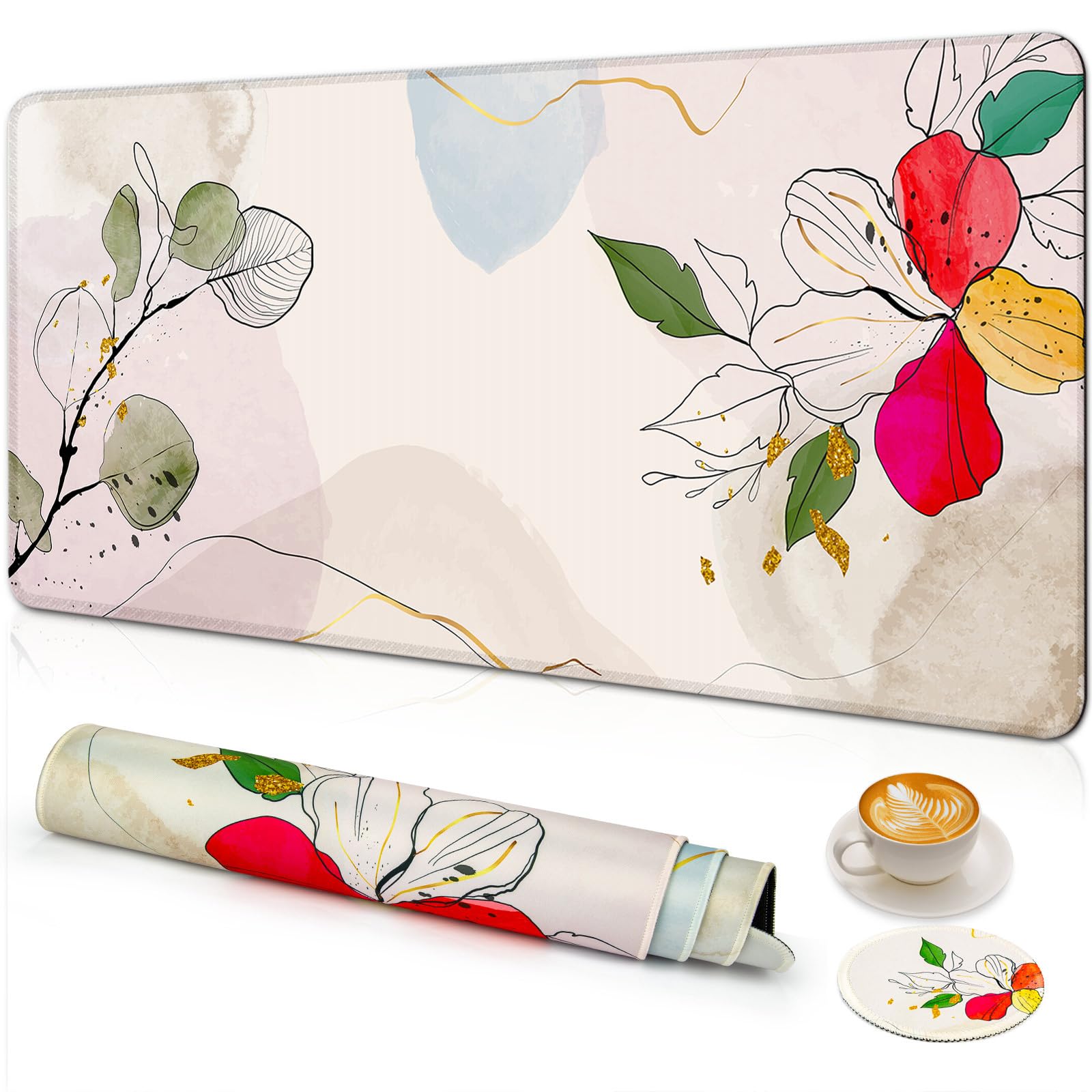 Large Gaming Mouse Pad with Coaster,Desk Matt for Desktop,Desk Mat-Flower