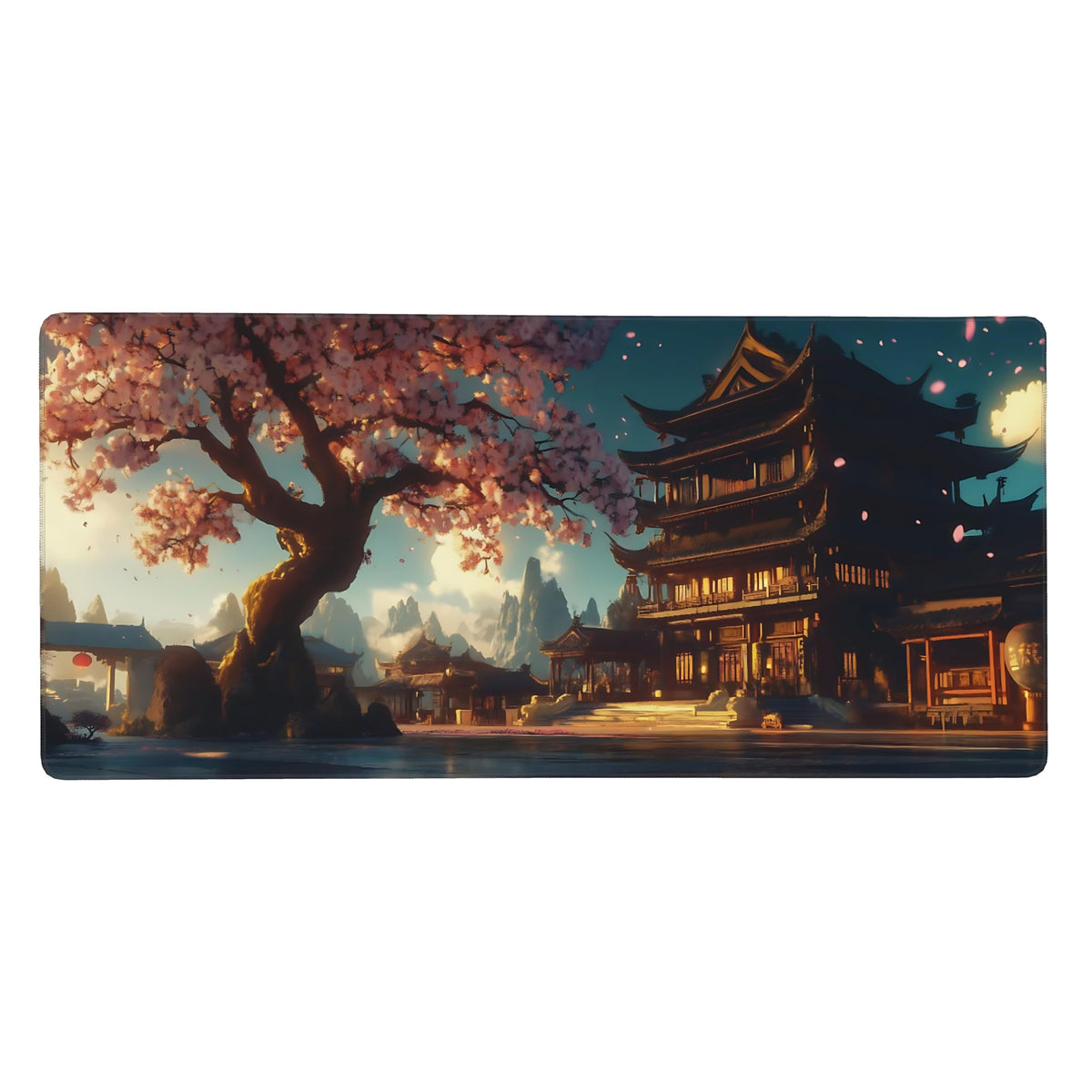Aesthetic Scenery Gaming Mouse Pad, Blue Pink Japanese Desk Mat with Anti-Slip Base & Stitched