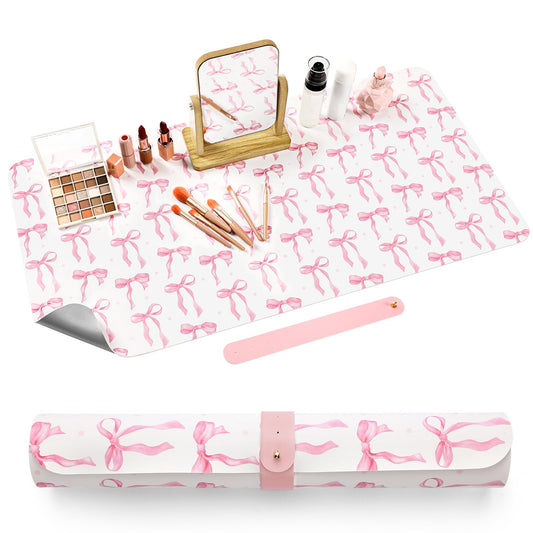 Teenyyou Bow Makeup Vanity Mat Leather Desk Pad, Pink 31.5"X 15.7"