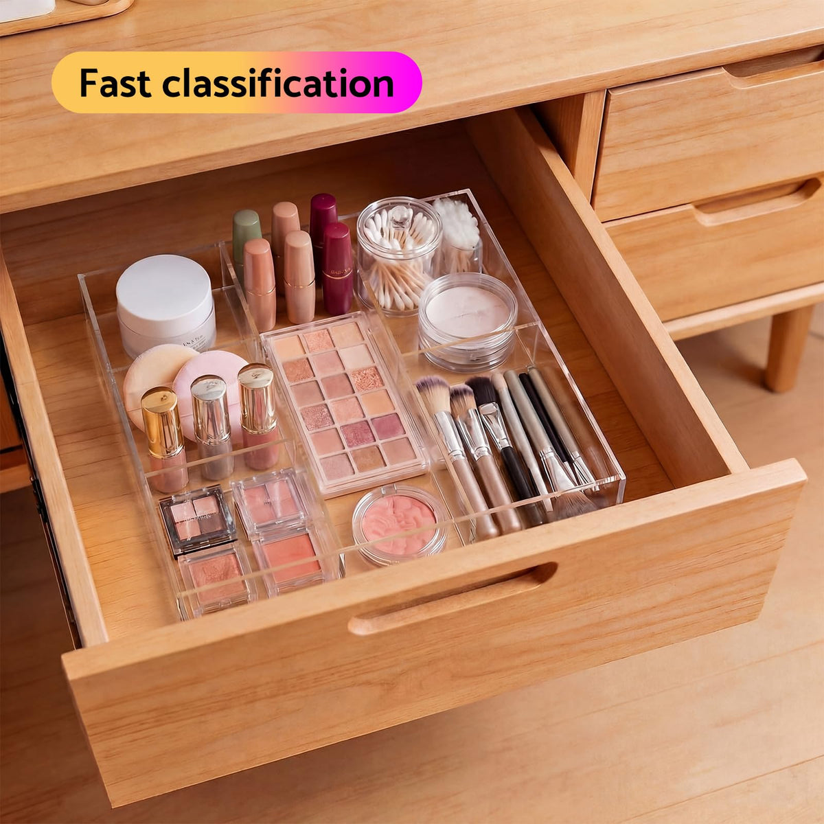 HIIMIEI Acrylic Drawer Organizer, 6 Section Clear Makeup Tray Organizer for Drawer Office