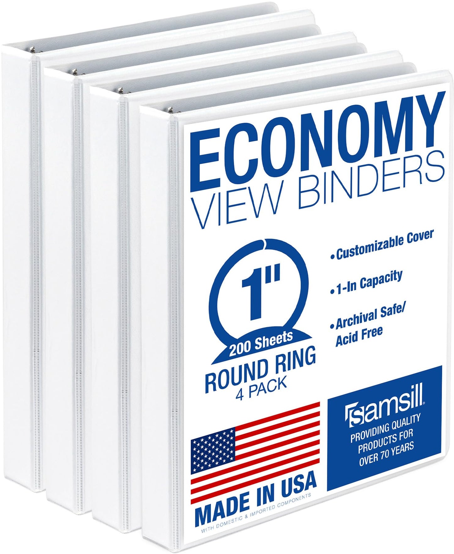 Samsill 1 Inch 3 Ring Binders, Economy Round Ring, Clear View Cover, 200 Sheet Capacity - for