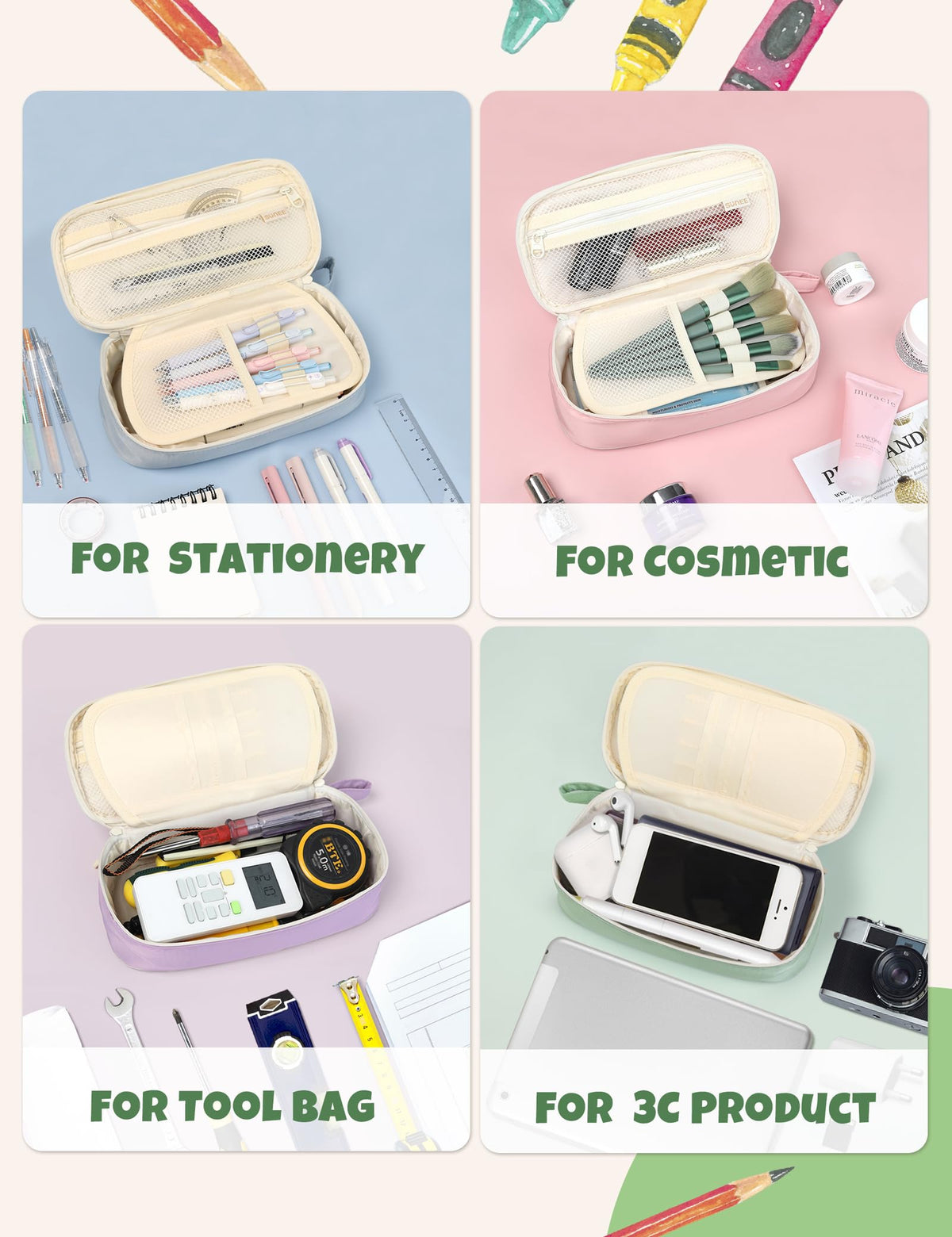 SUNEE Cute Pencil Case, Aesthetic Pen Pouch, Colored Large Pencil Bag with Zipper, Kawaii