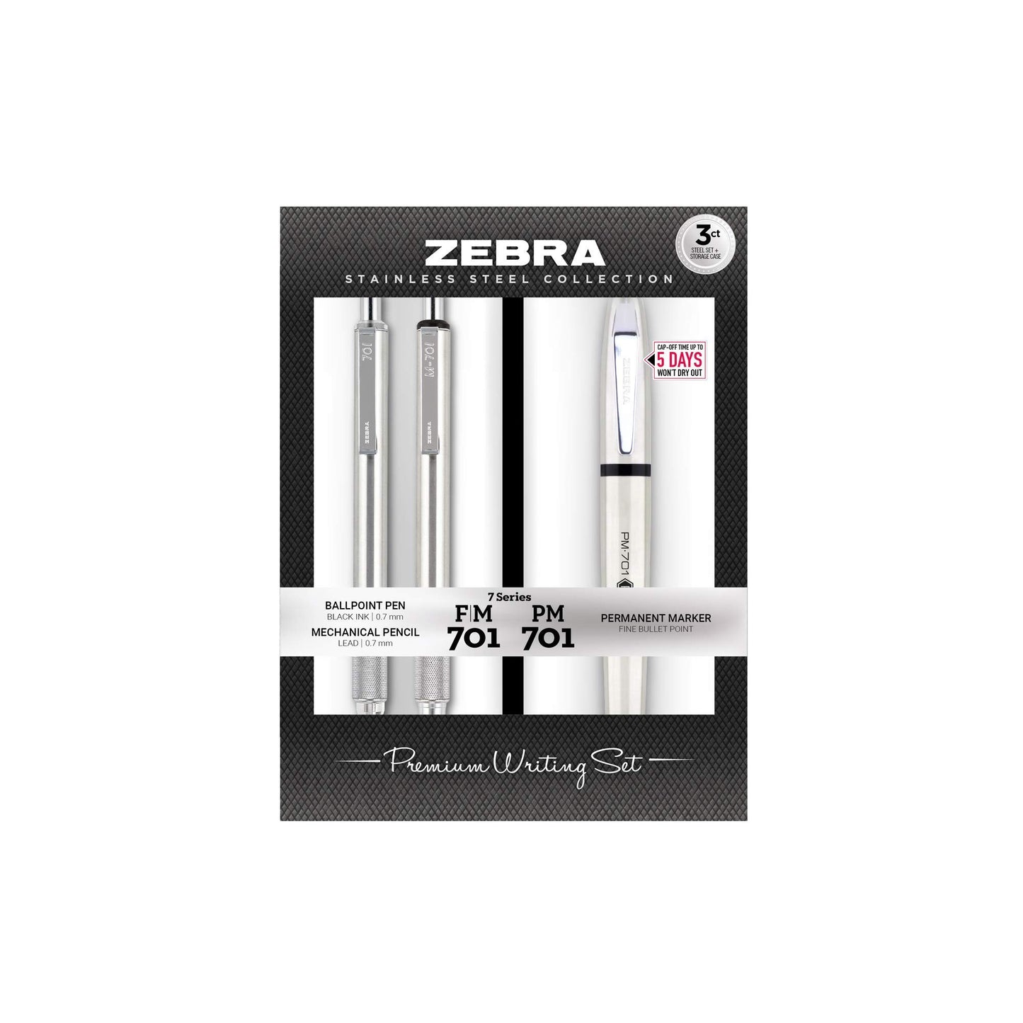 Zebra Pen STEEL PM-701 & M/F-701, Pen, Pencil & Permanent Market Set, 3-Pk