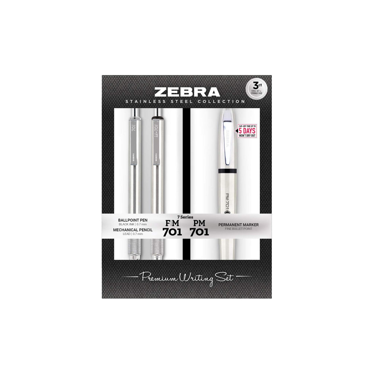 Zebra Pen STEEL PM-701 & M/F-701, Pen, Pencil & Permanent Market Set, 3-Pk