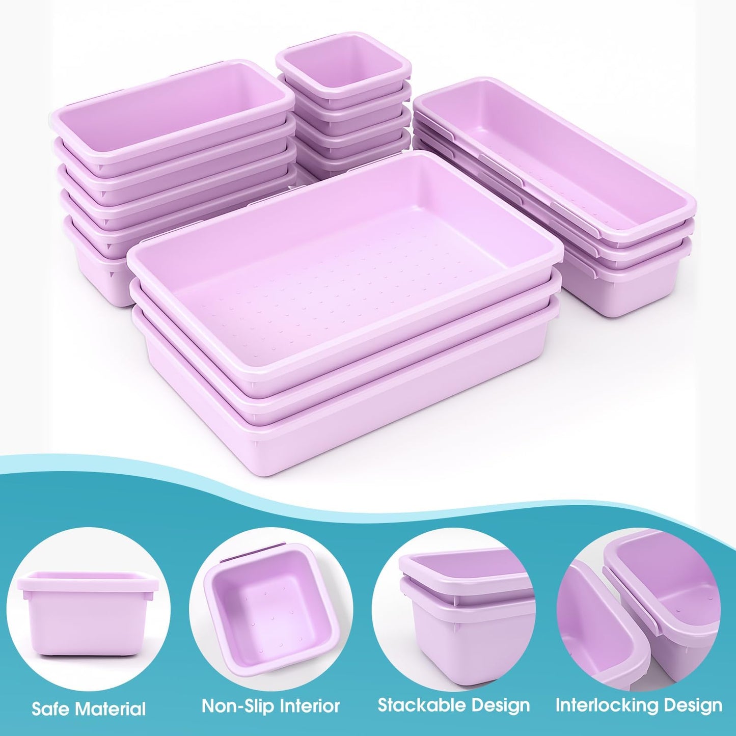16 PCS Drawer Organizer Set, 4 Size Makeup Drawer Divider Organizer With Non-Slip Pads