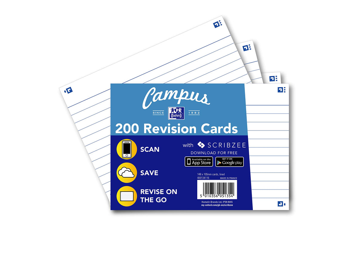 Oxford Campus Revision Cards, Ruled, A6, White, 200 Cards