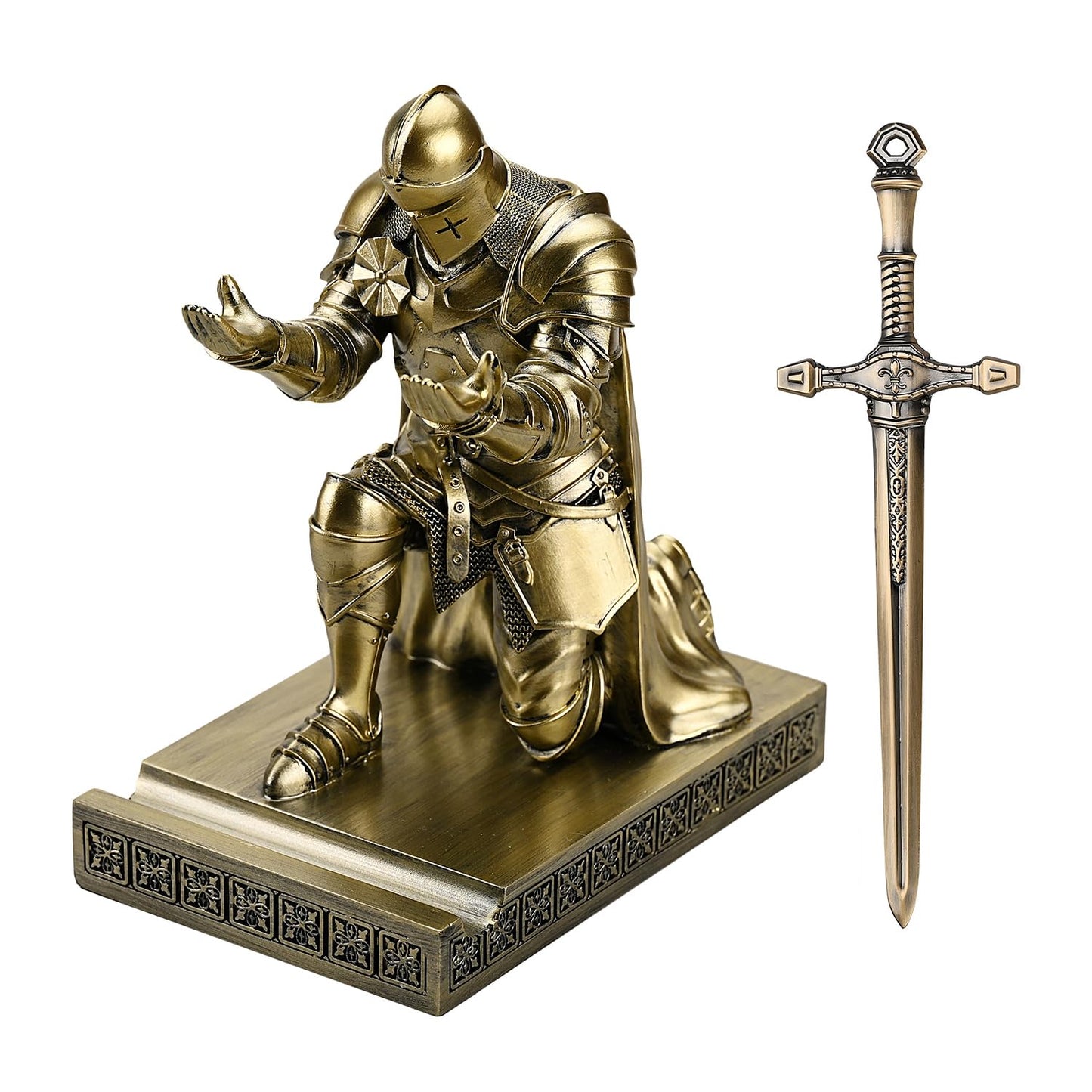 Medieval Armored Knight Pen Holder Figurine Paperweight Phone Stand Bronze